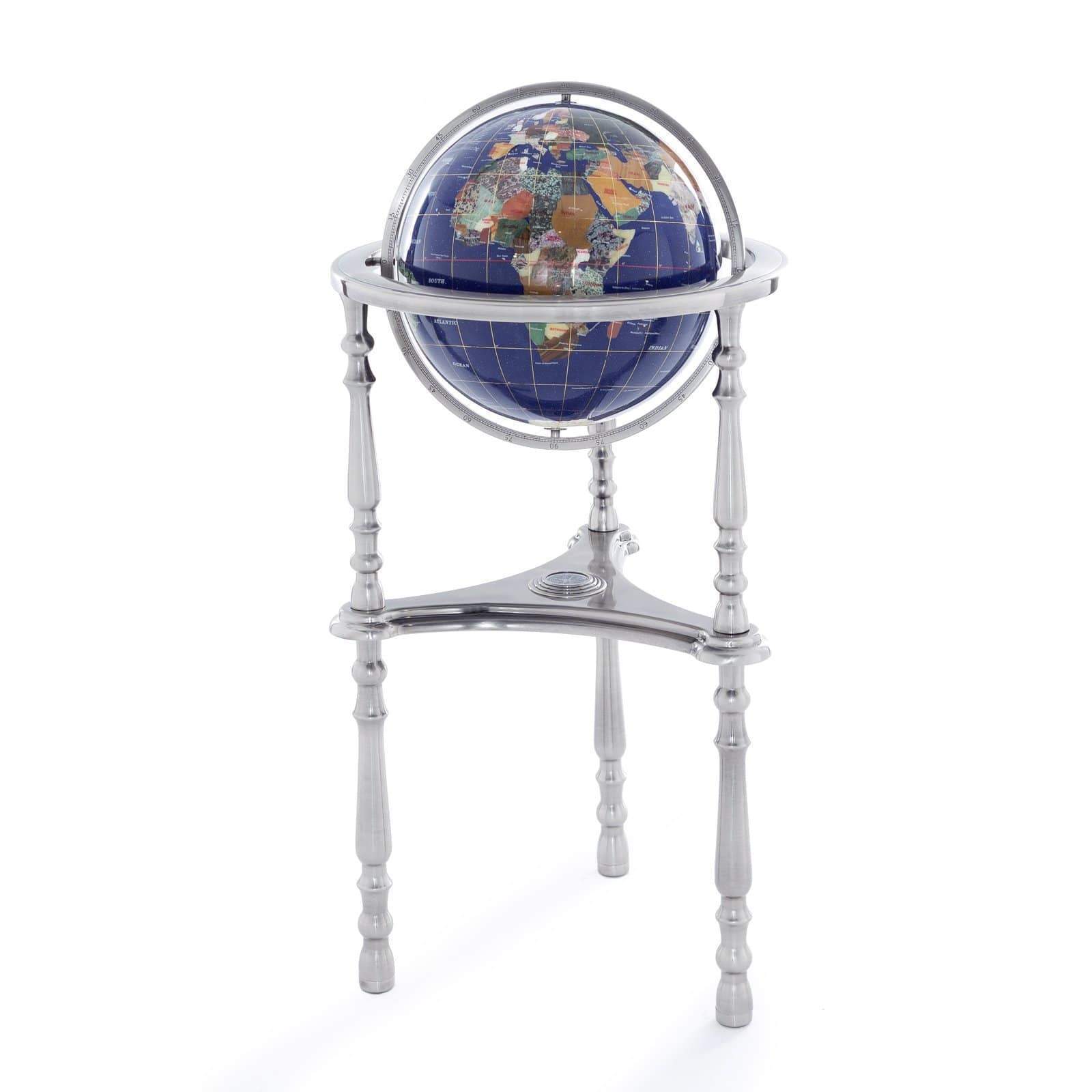 Kalifano Gemstone Globes 37" Tall Gemstone Globe with 13'" Lapis Ocean on Ambassador Antique Silver 3-Leg High Stand GTH330AS-LP