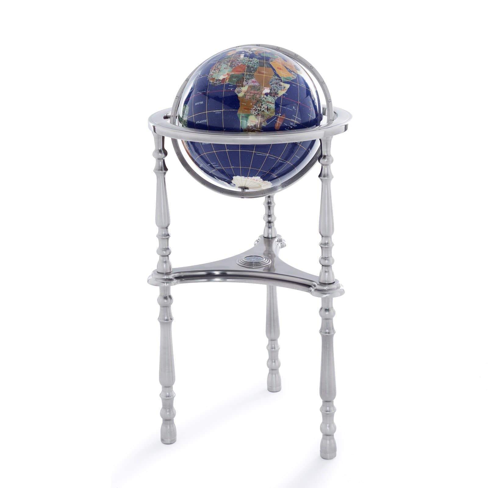 Kalifano Gemstone Globes 37" Tall Gemstone Globe with 13'" Lapis Ocean on Ambassador Antique Silver 3-Leg High Stand GTH330AS-LP