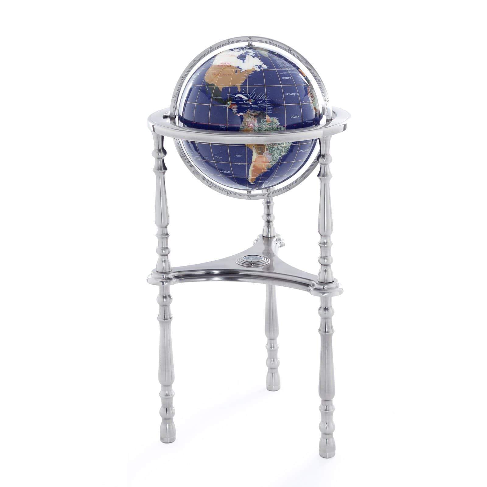 Kalifano Gemstone Globes 37" Tall Gemstone Globe with 13'" Lapis Ocean on Ambassador Antique Silver 3-Leg High Stand GTH330AS-LP