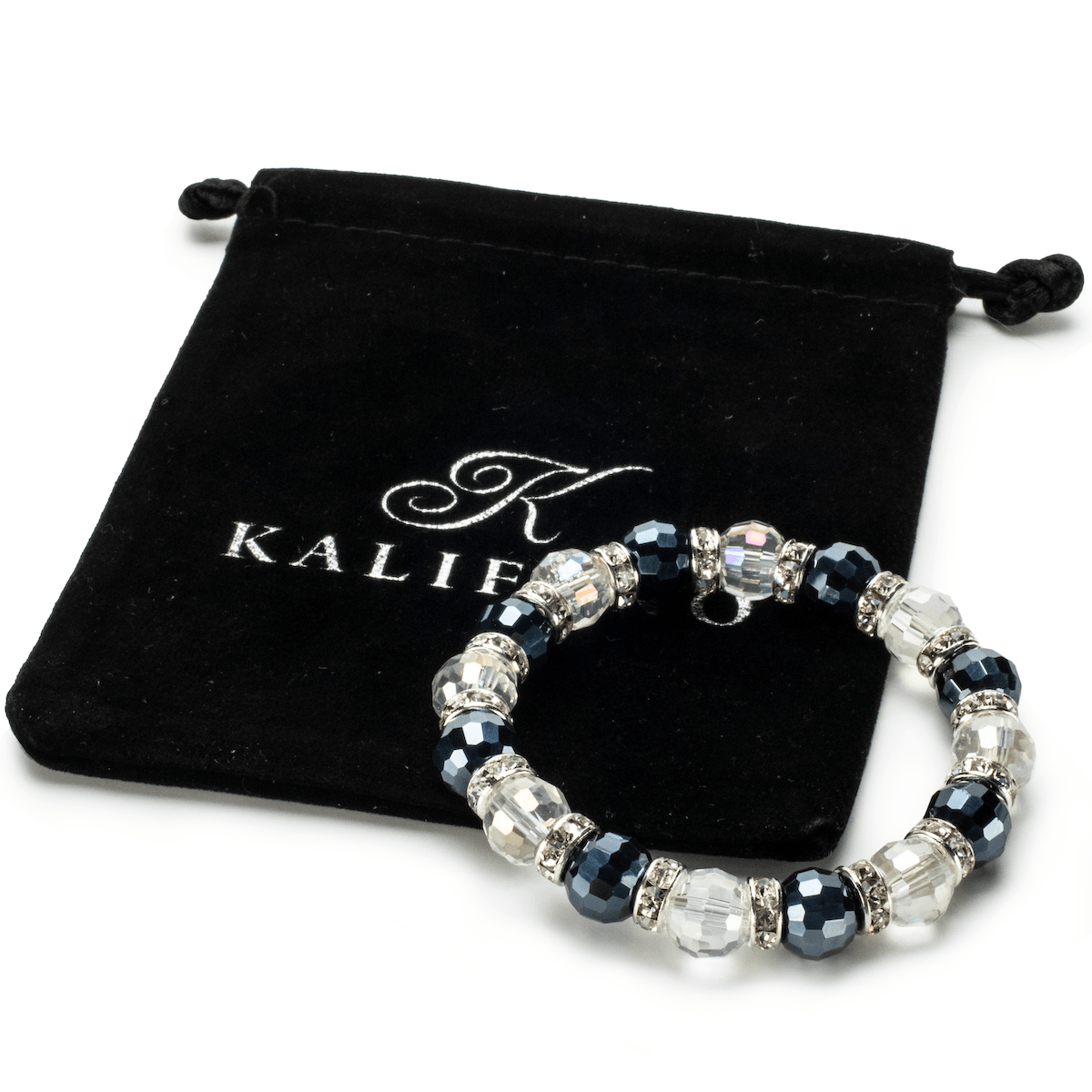 Kalifano Gorgeous Glass Jewelry White and Hematite Gorgeous Glass Bracelet with Cubic Zirconia Crystals BLUE-BGG-WH