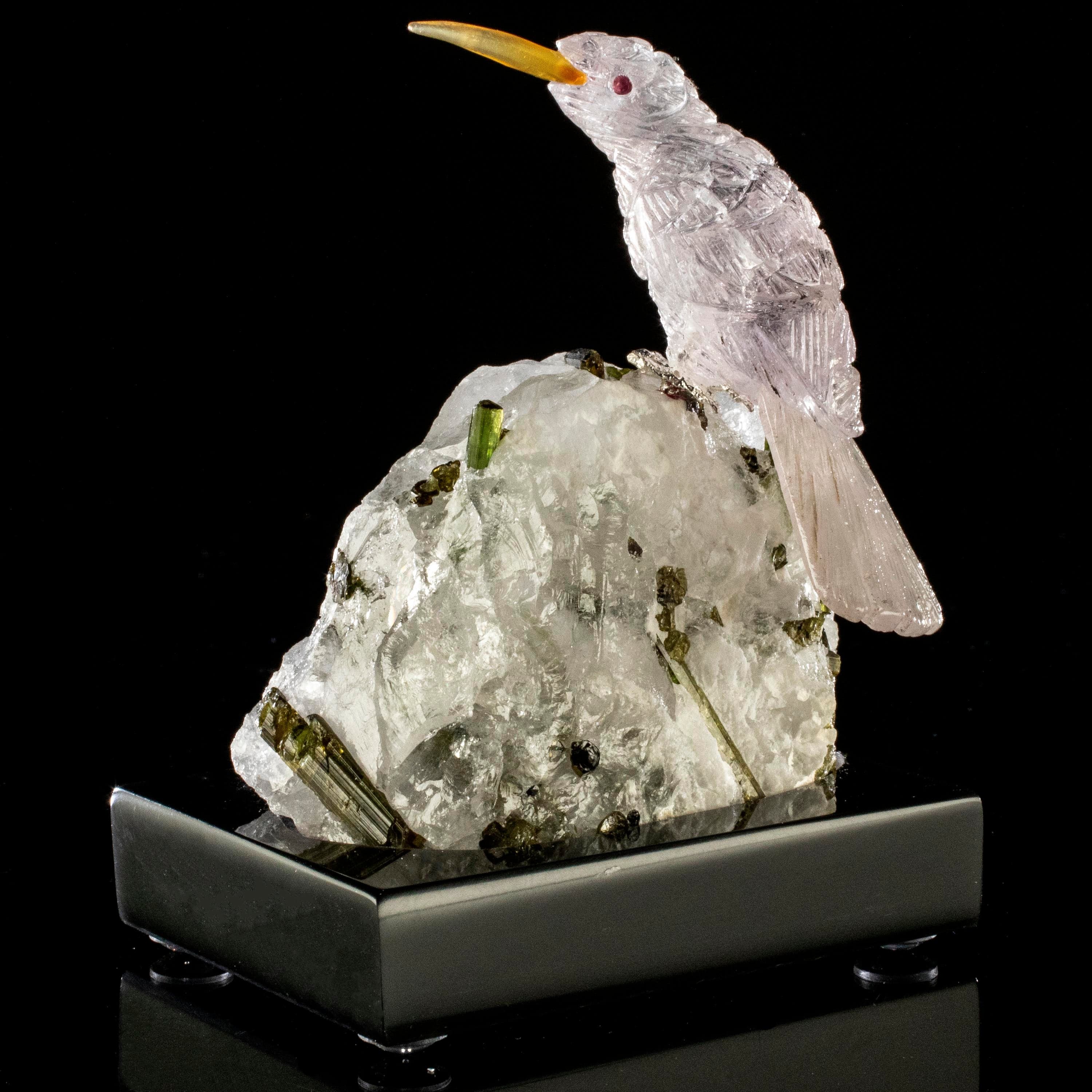 Kalifano Love Birds Carvings Amethyst Hummingbird Love Birds Carving on Tourmaline Base LB.C118