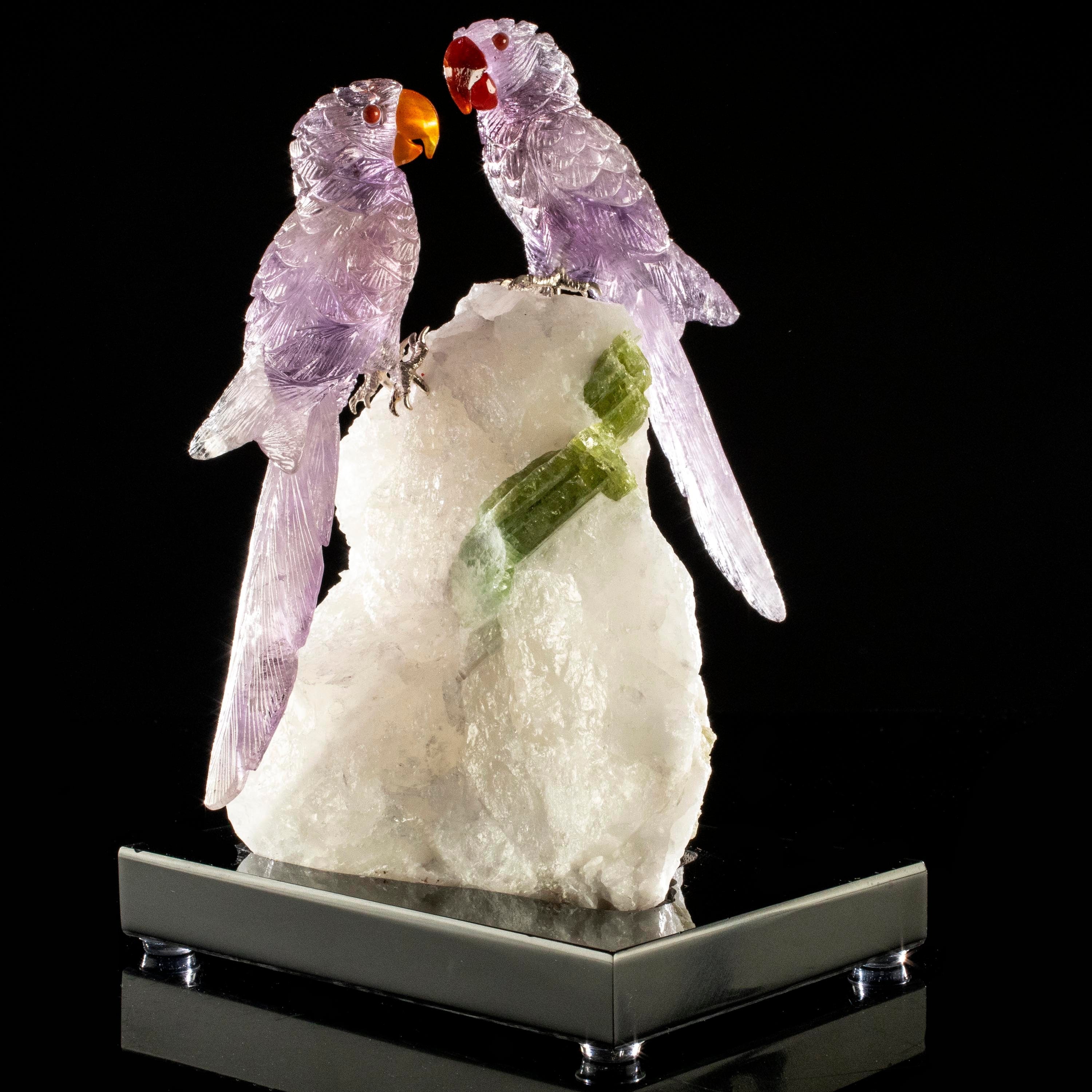 Kalifano Love Birds Carvings Amethyst Macaw Couple Love Birds Carving on Tourmaline Base LB.B201.003