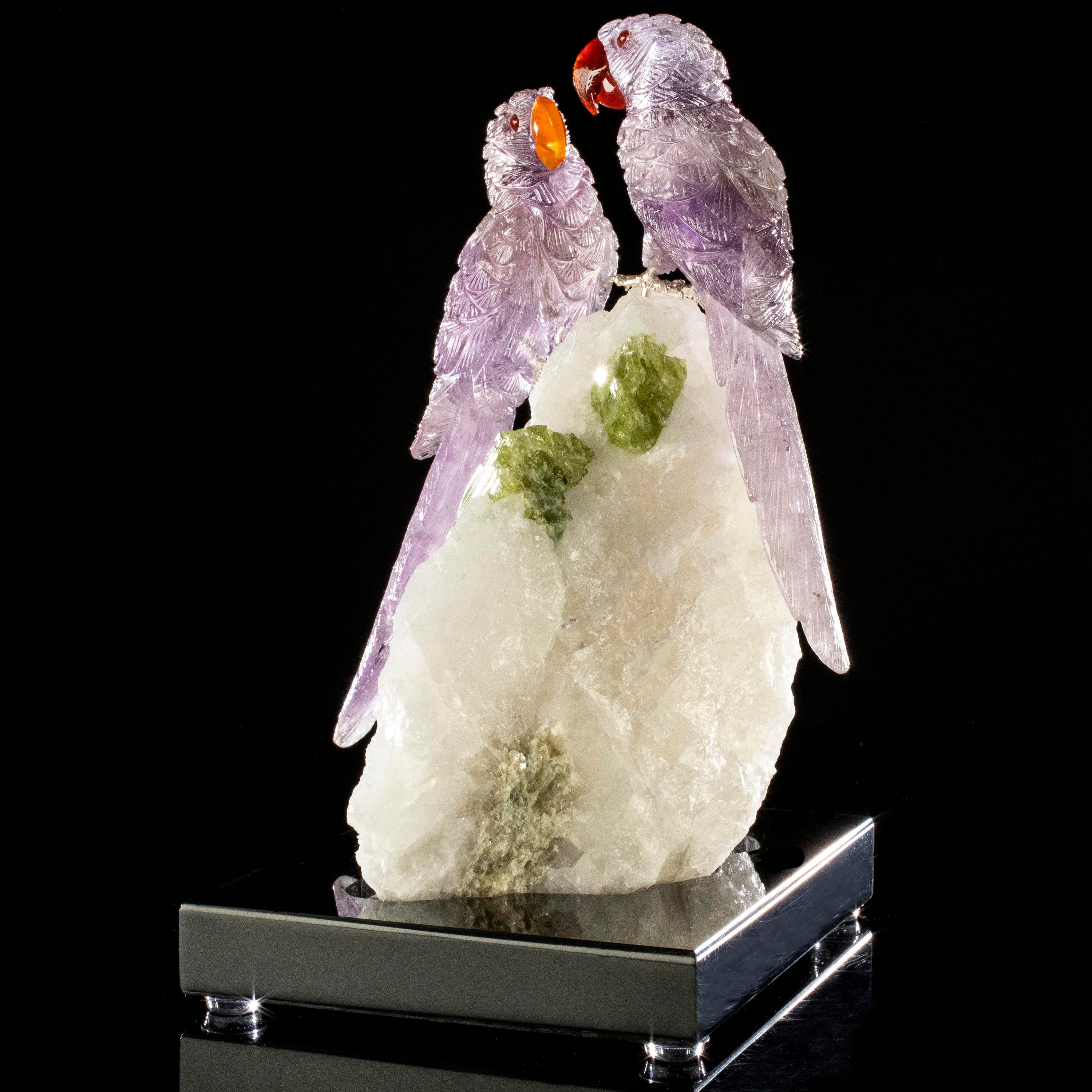 Kalifano Love Birds Carvings Amethyst Macaw Couple Love Birds Carving on Tourmaline Base LB.B201.003