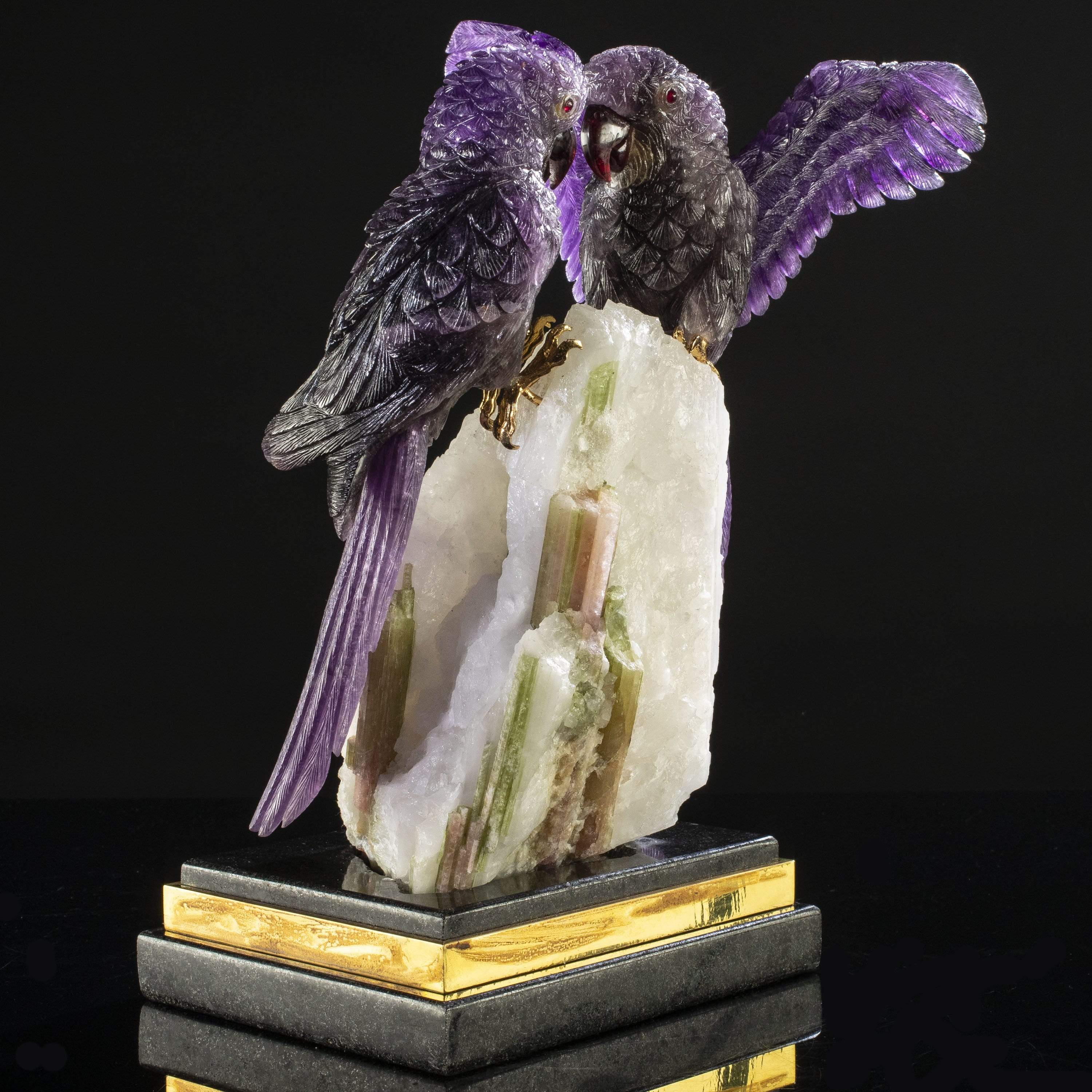 Kalifano Love Birds Carvings Amethyst Macaw Couple Love Birds Carving on Watermelon Tourmaline Base LB.72000.001