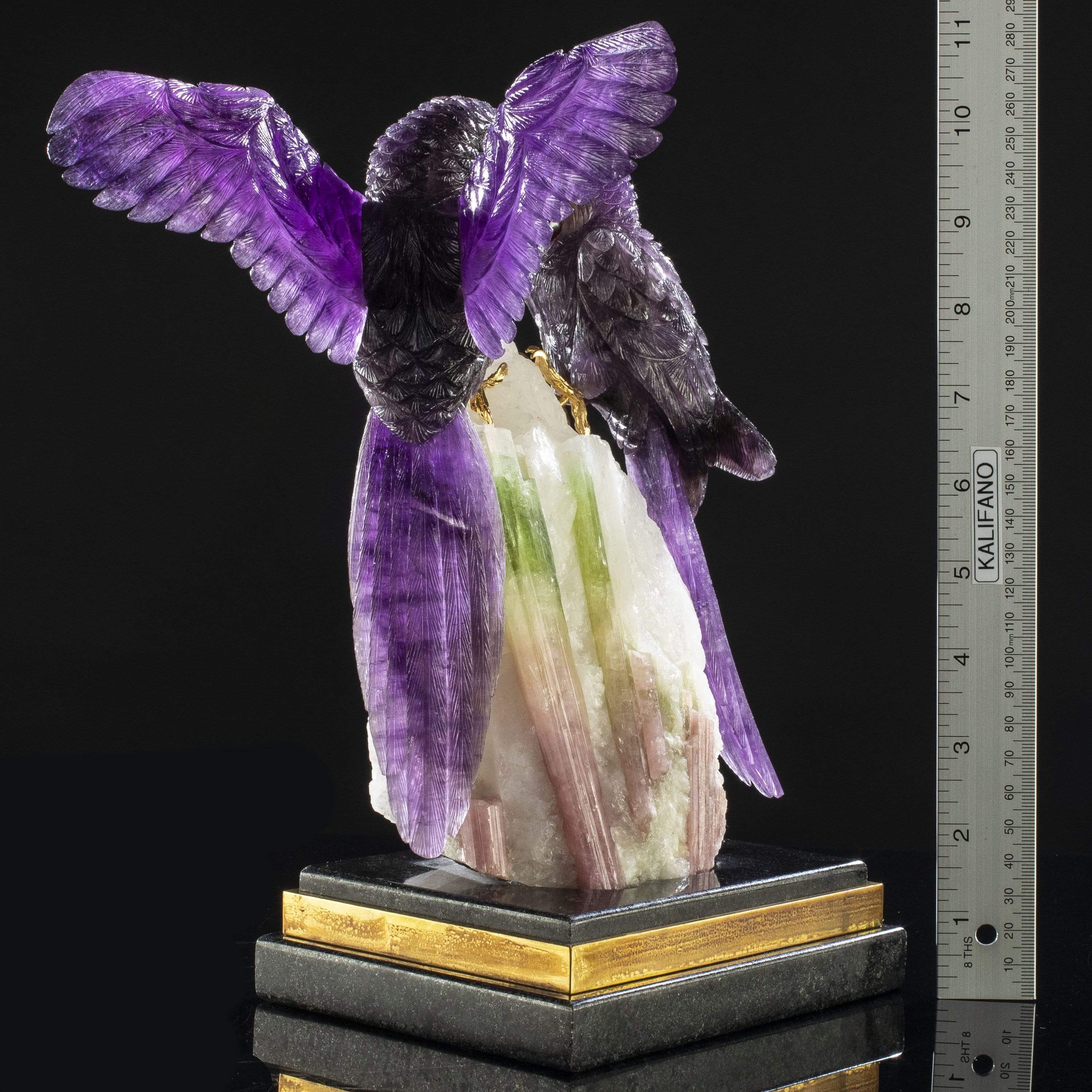 Kalifano Love Birds Carvings Amethyst Macaw Couple Love Birds Carving on Watermelon Tourmaline Base LB.72000.001