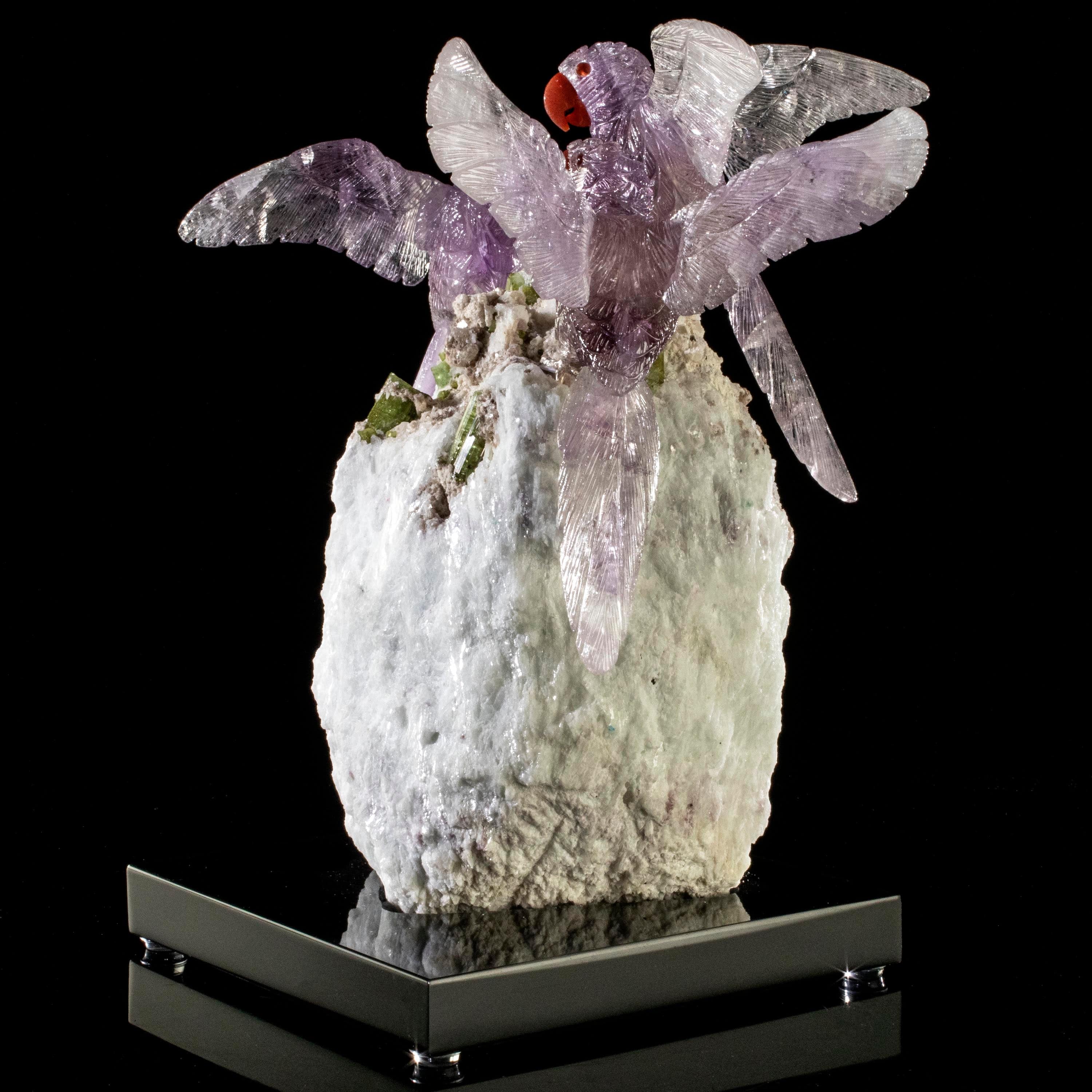 Kalifano Love Birds Carvings Amethyst Macaw Family Love Birds Carving on Watermelon Tourmaline Base LB.B302.006