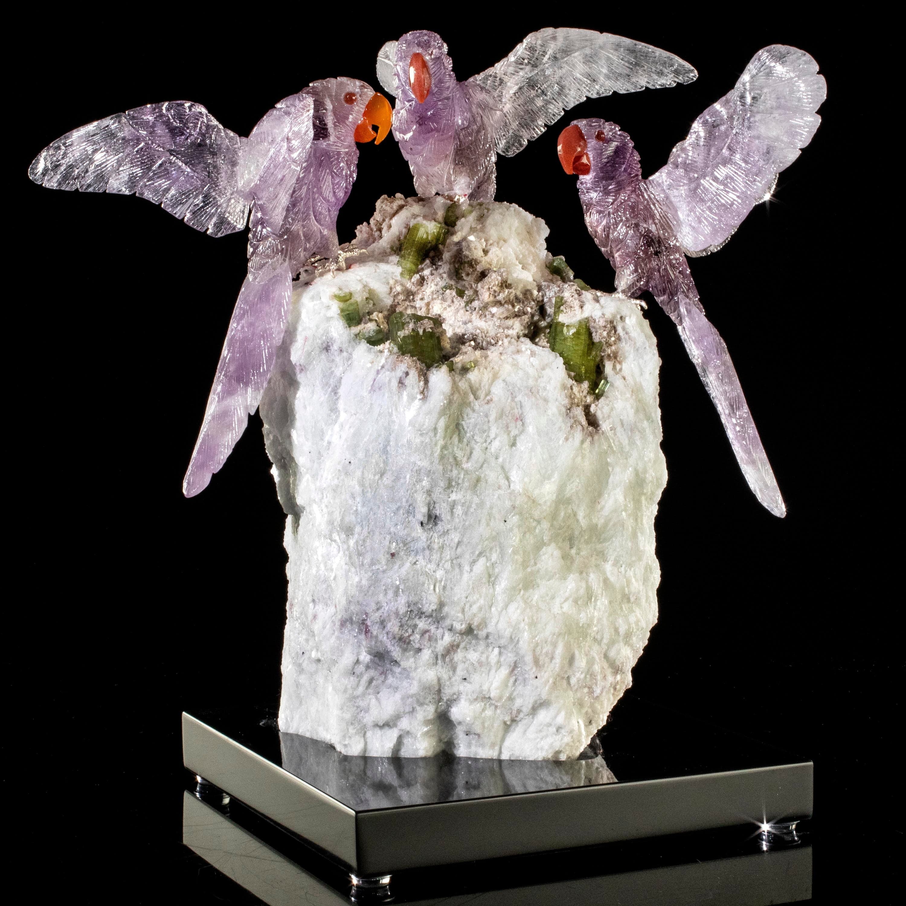 Kalifano Love Birds Carvings Amethyst Macaw Family Love Birds Carving on Watermelon Tourmaline Base LB.B302.006