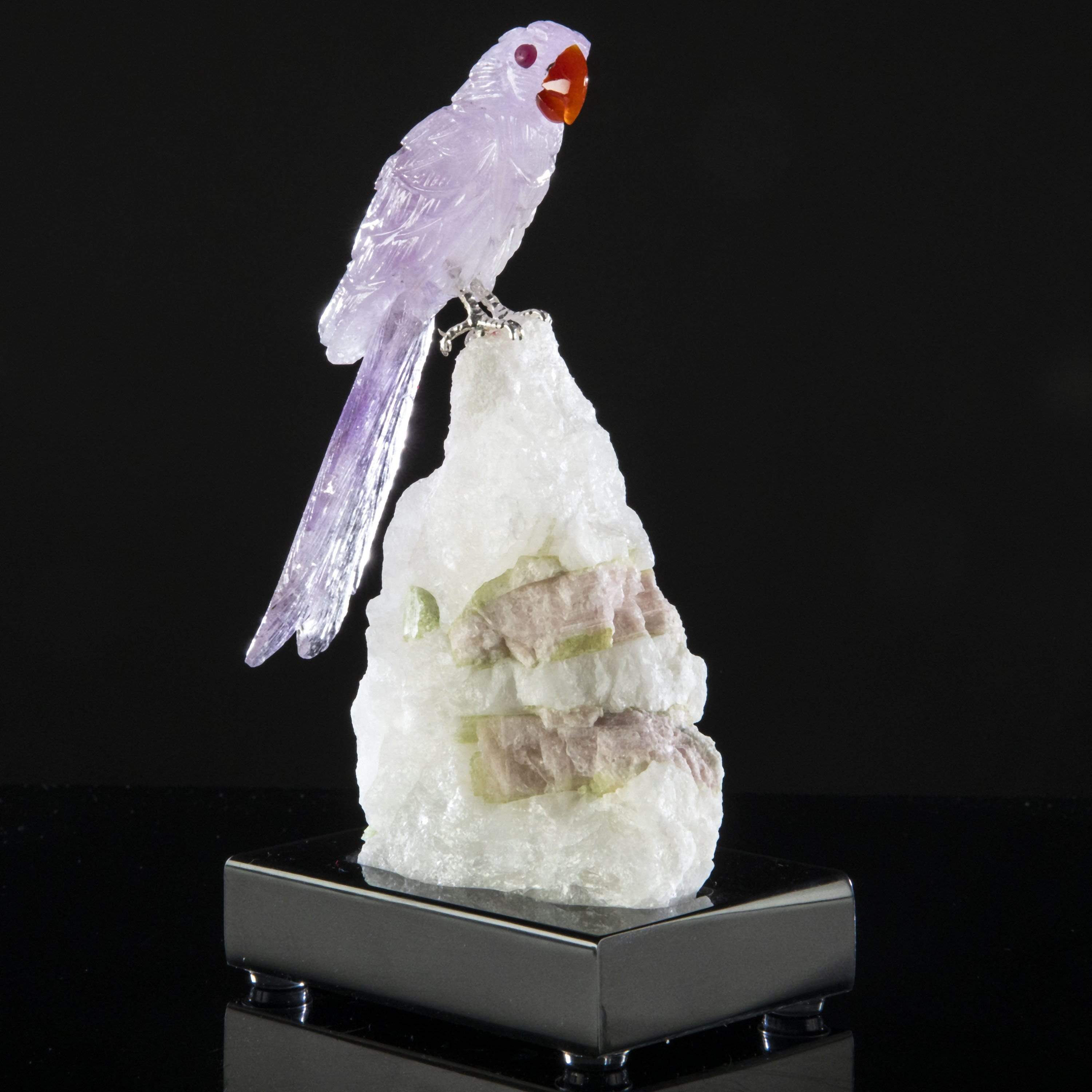 Kalifano Love Birds Carvings Amethyst Macaw Love Birds Carving on Calcite & Watermelon Tourmaline Base LB.B101.005