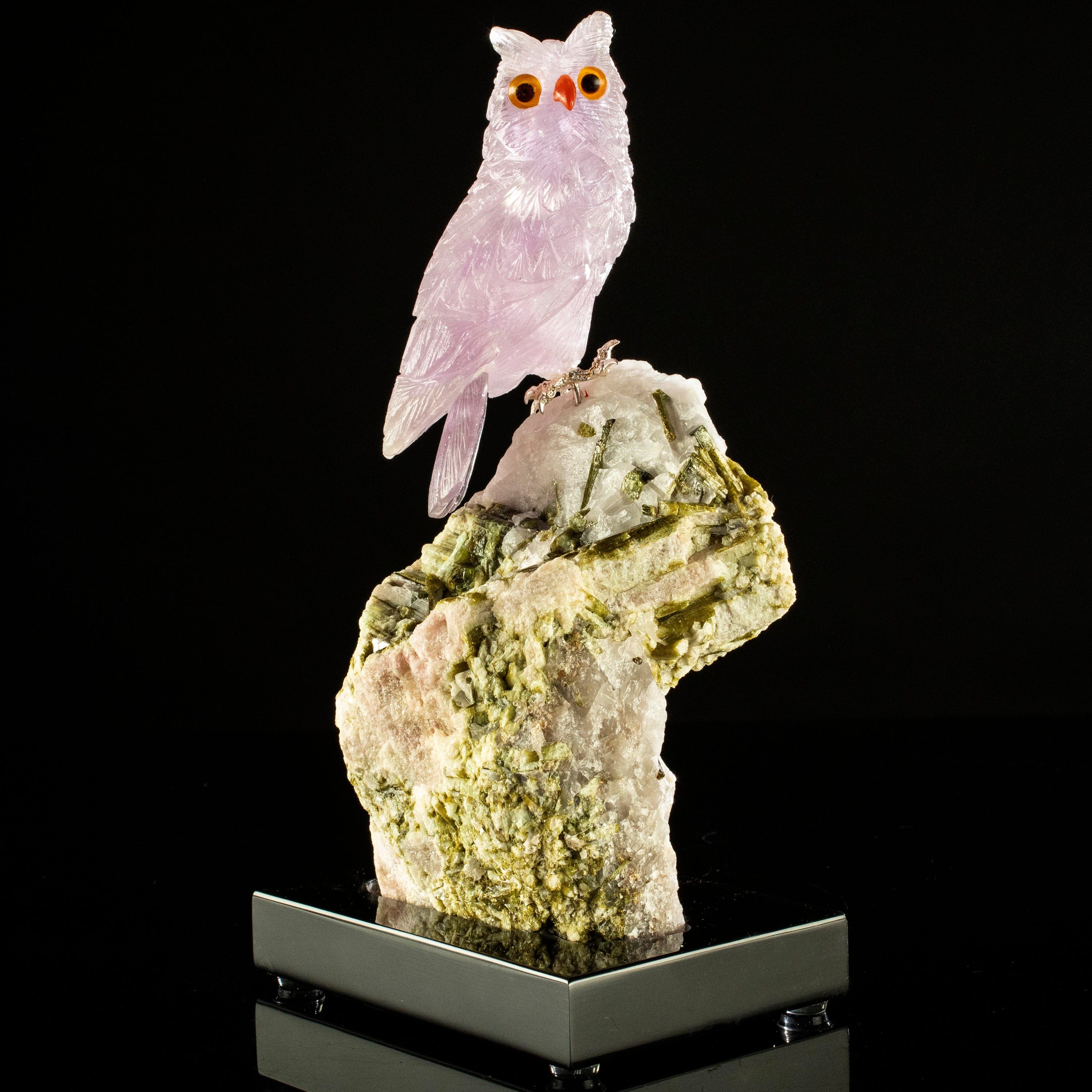 Kalifano Love Birds Carvings Amethyst Owl Love Birds Carving on Watermelon Tourmaline Base LB.A103.002