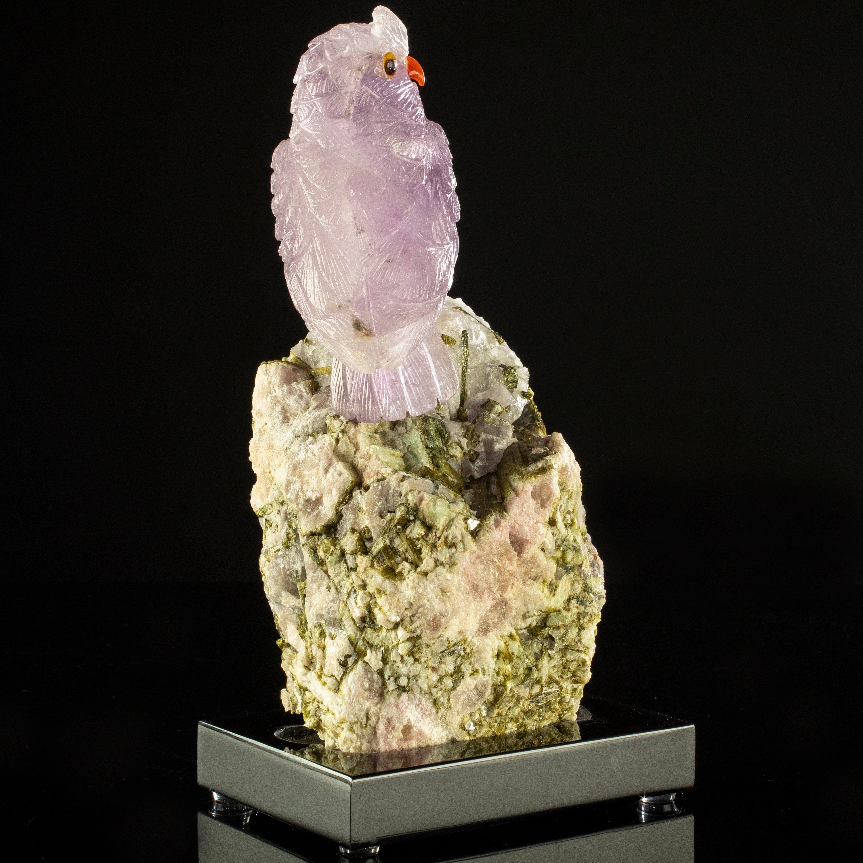 Kalifano Love Birds Carvings Amethyst Owl Love Birds Carving on Watermelon Tourmaline Base LB.A103.002