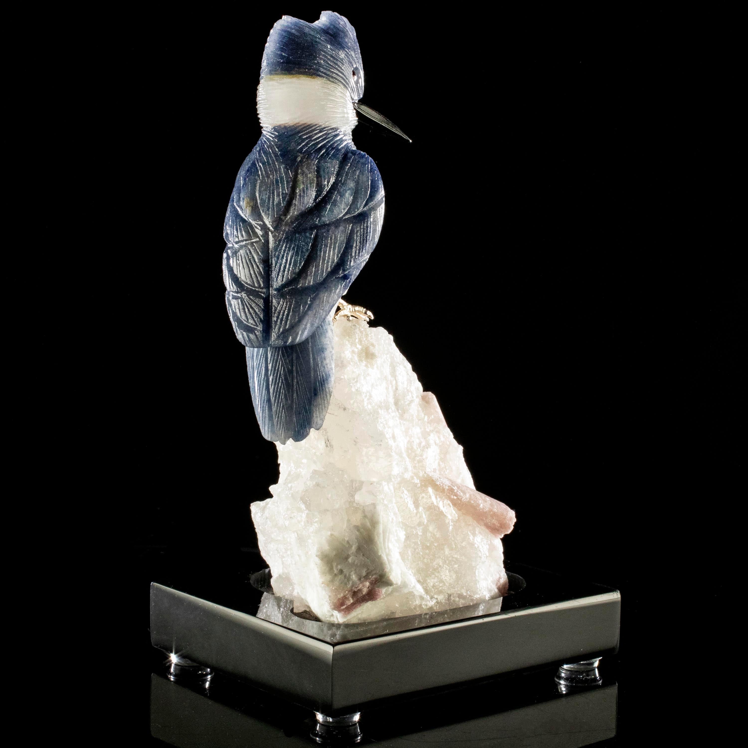Kalifano Love Birds Carvings Dumortuorite Belted Kingfisher Love Birds Carving on Watermelon Tourmaline Base LB.A112.006