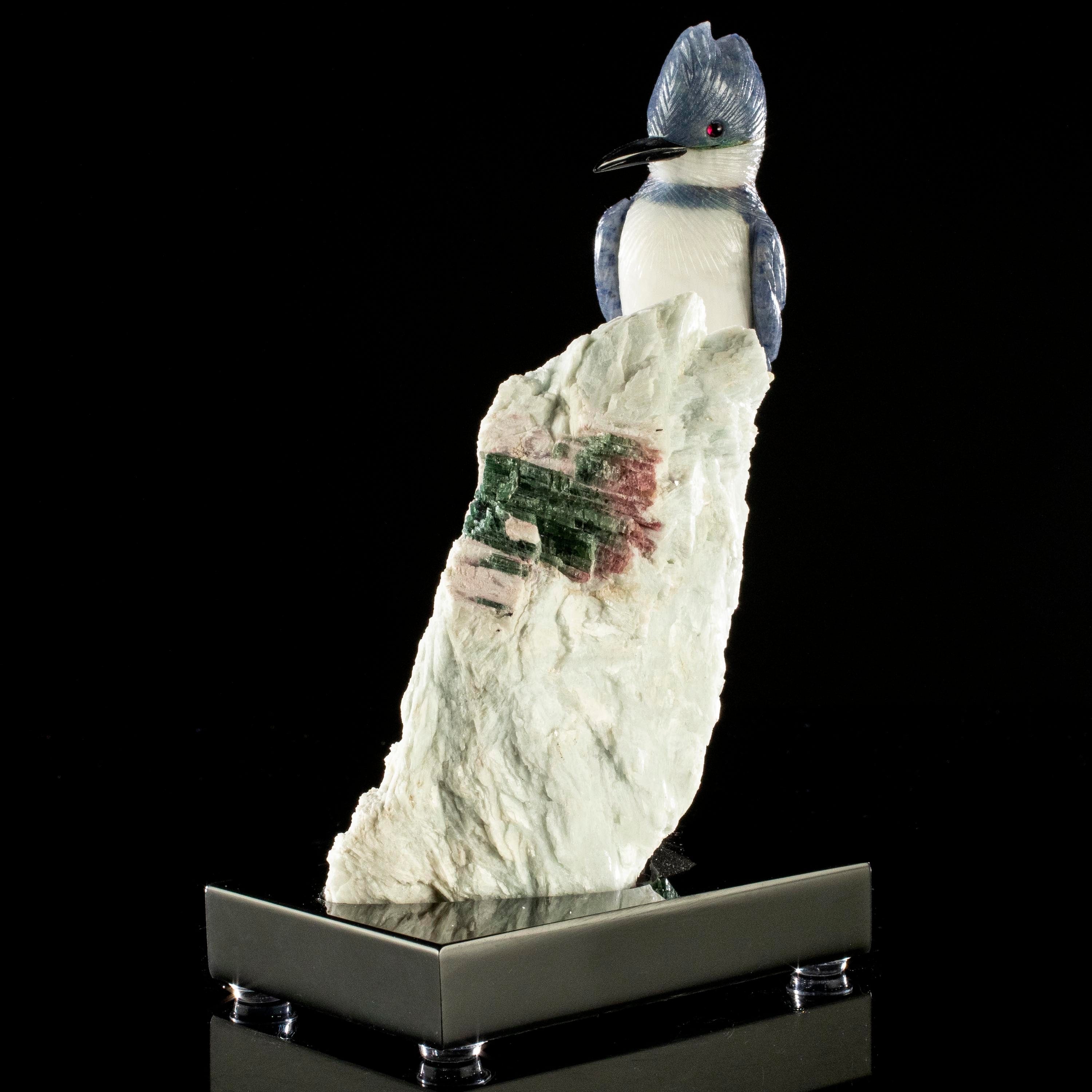 Kalifano Love Birds Carvings Dumortuorite Belted Kingfisher Love Birds Carving on Watermelon Tourmaline Base LB.A112.007