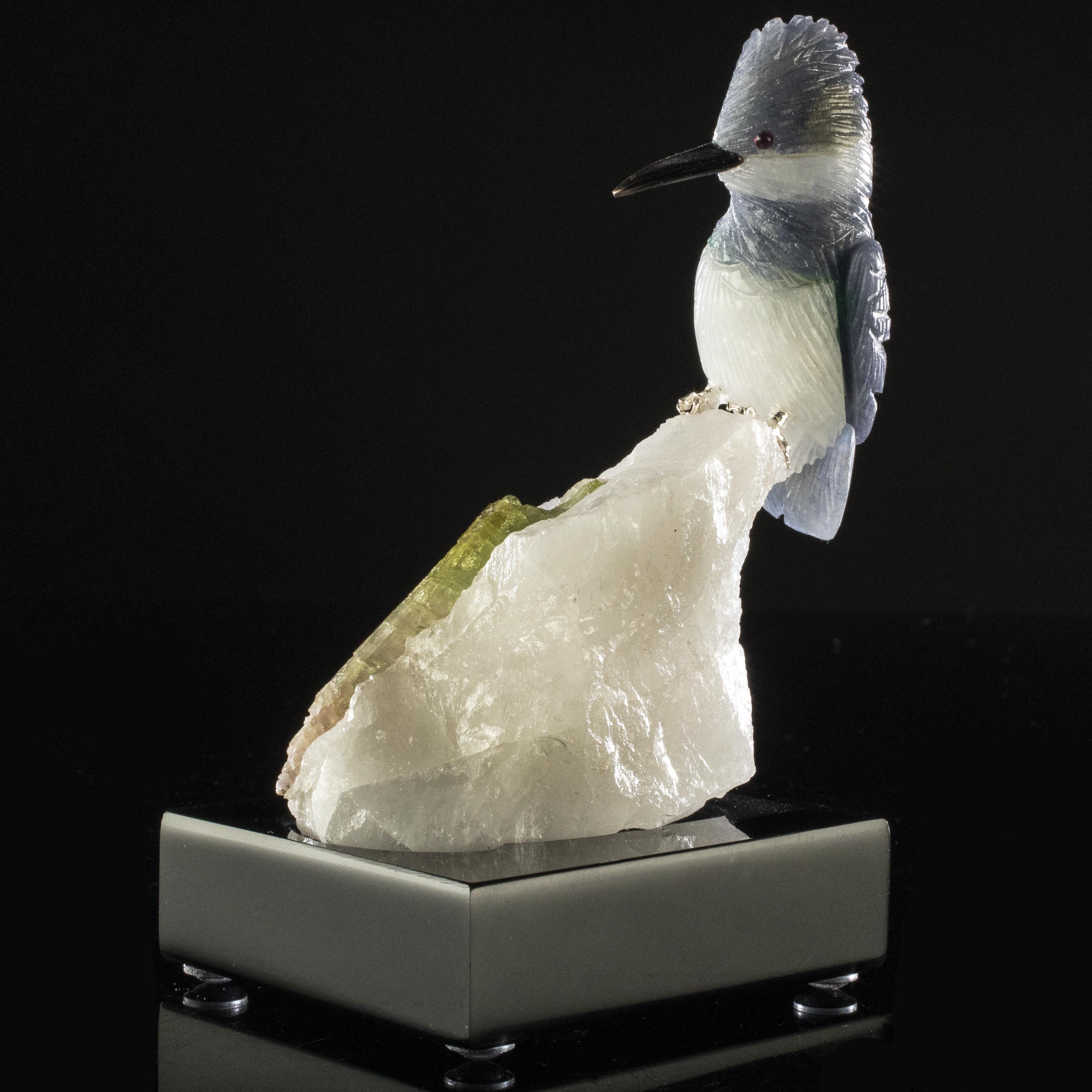 Kalifano Love Birds Carvings Dumortuorite Kingfisher Love Birds Carving on Watermelon Tourmaline Base LB.C130.002
