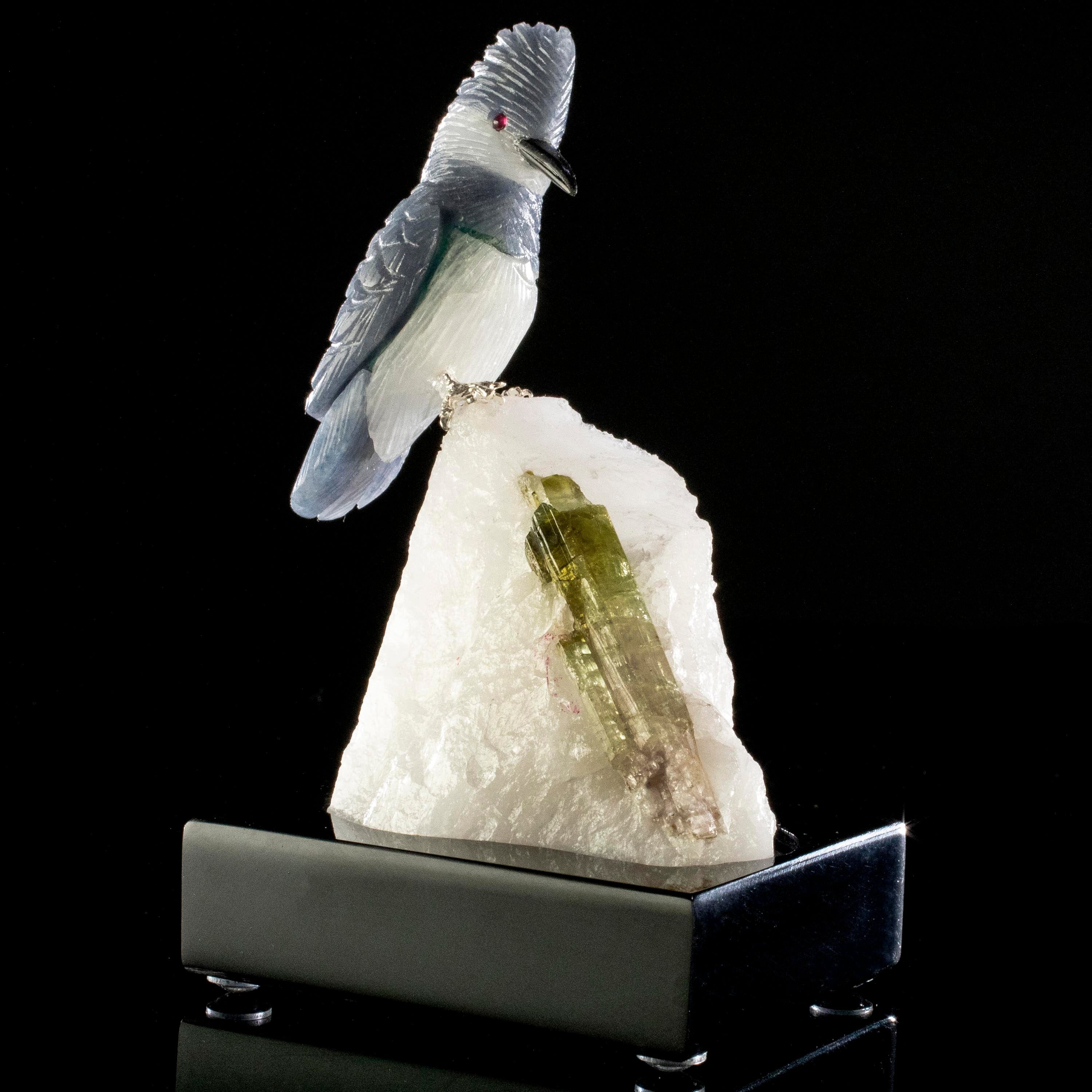 Kalifano Love Birds Carvings Dumortuorite Kingfisher Love Birds Carving on Watermelon Tourmaline Base LB.C130.002