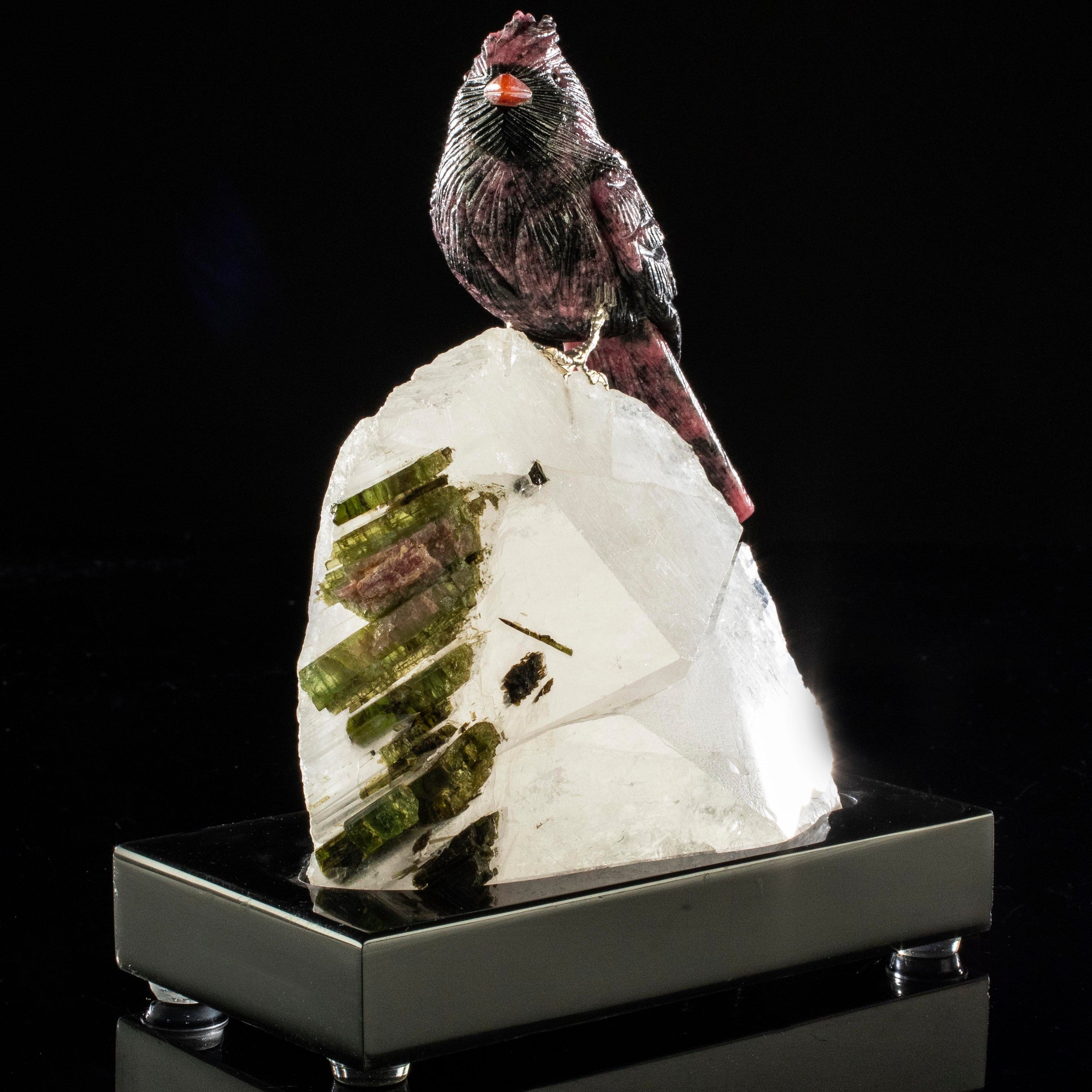 Kalifano Love Birds Carvings Rhodonite Cardinal Love Birds Carving on Watermelon Tourmaline Base LB.A123.007