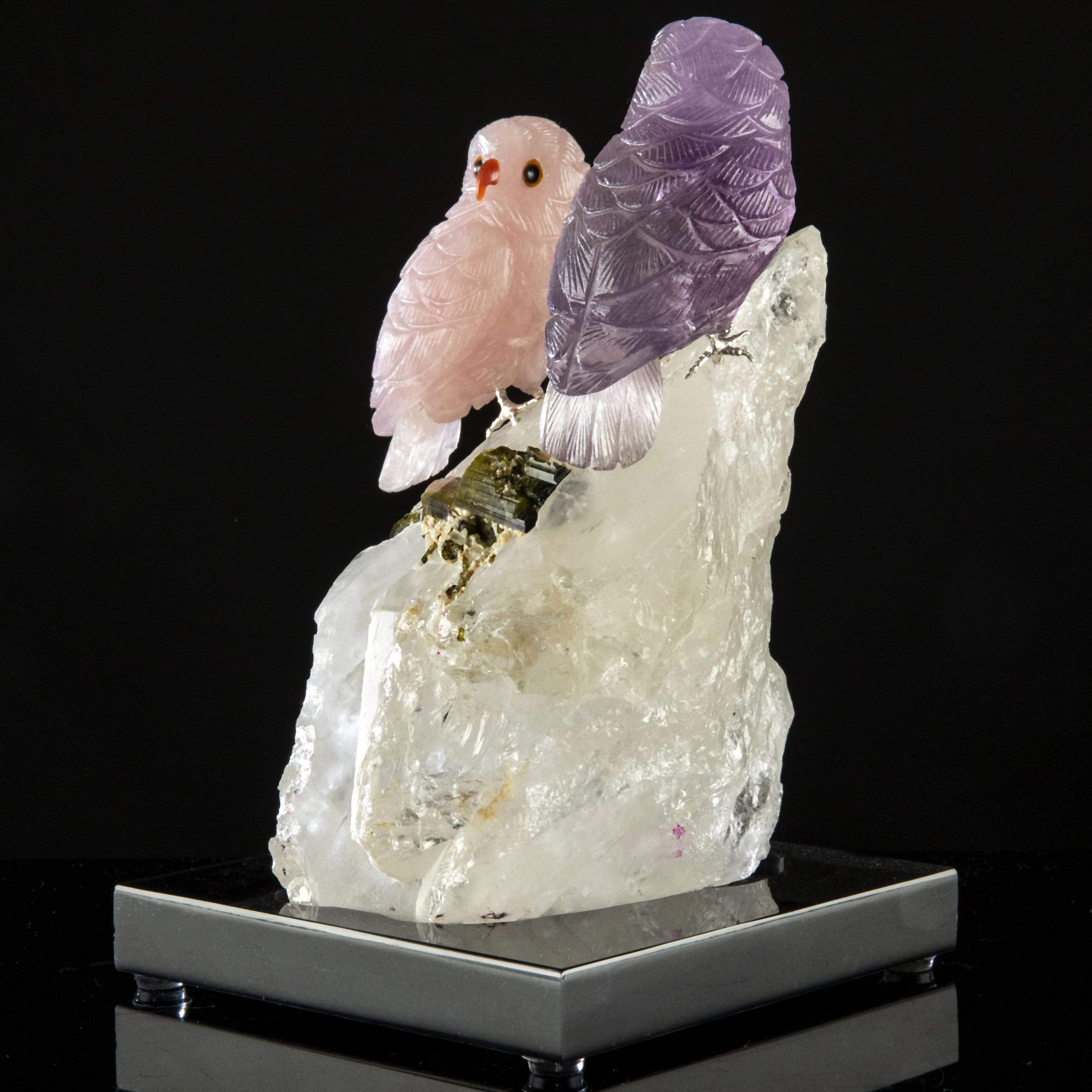 Kalifano Love Birds Carvings Rose Quartz & Amethyst Owl Couple Love Birds Carving on Quartz & Watermelon Tourmaline Base LB.A229.003