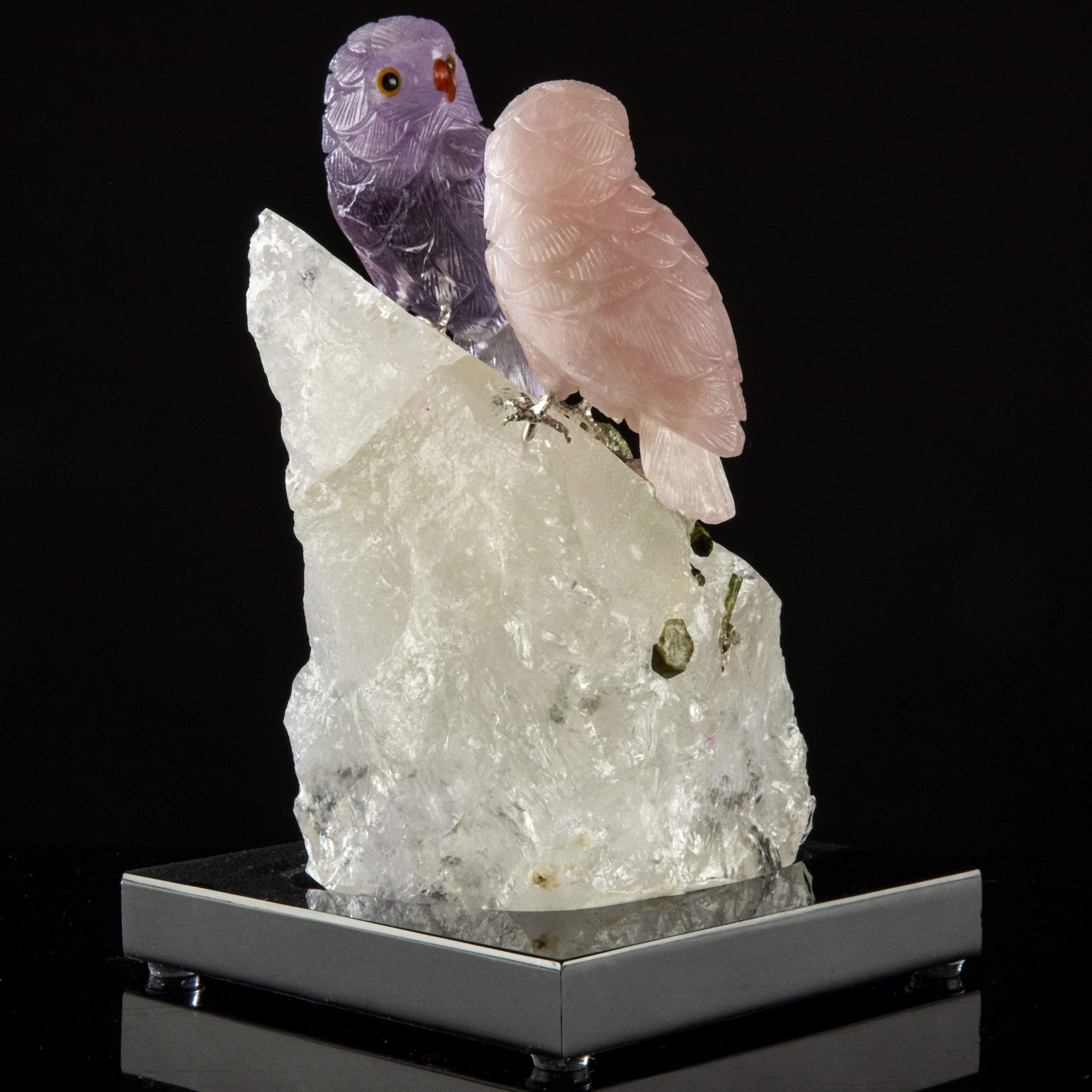 Kalifano Love Birds Carvings Rose Quartz & Amethyst Owl Couple Love Birds Carving on Quartz & Watermelon Tourmaline Base LB.A229.003