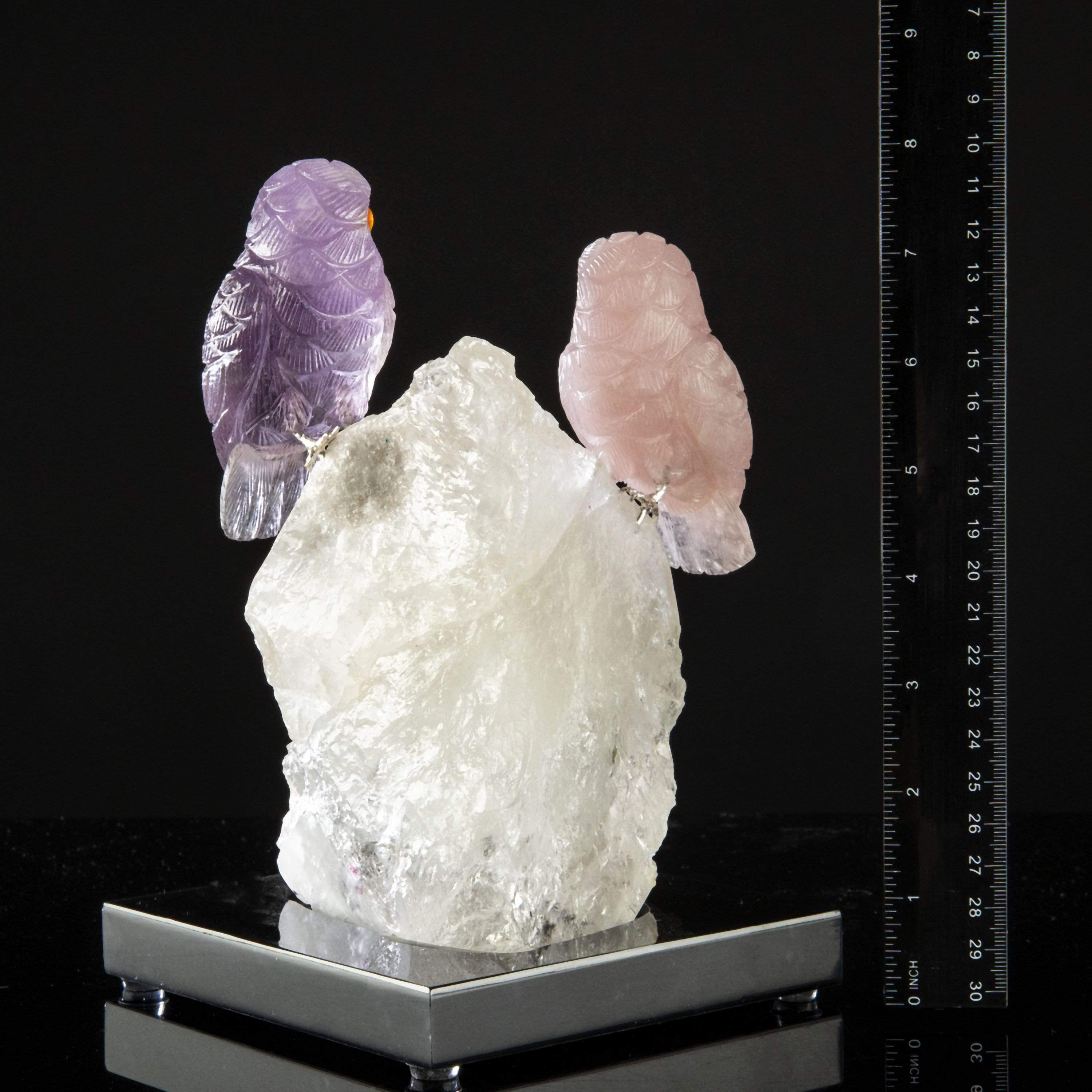 Kalifano Love Birds Carvings Rose Quartz & Amethyst Owl Couple Love Birds Carving on Quartz & Watermelon Tourmaline Base LB.A229.003