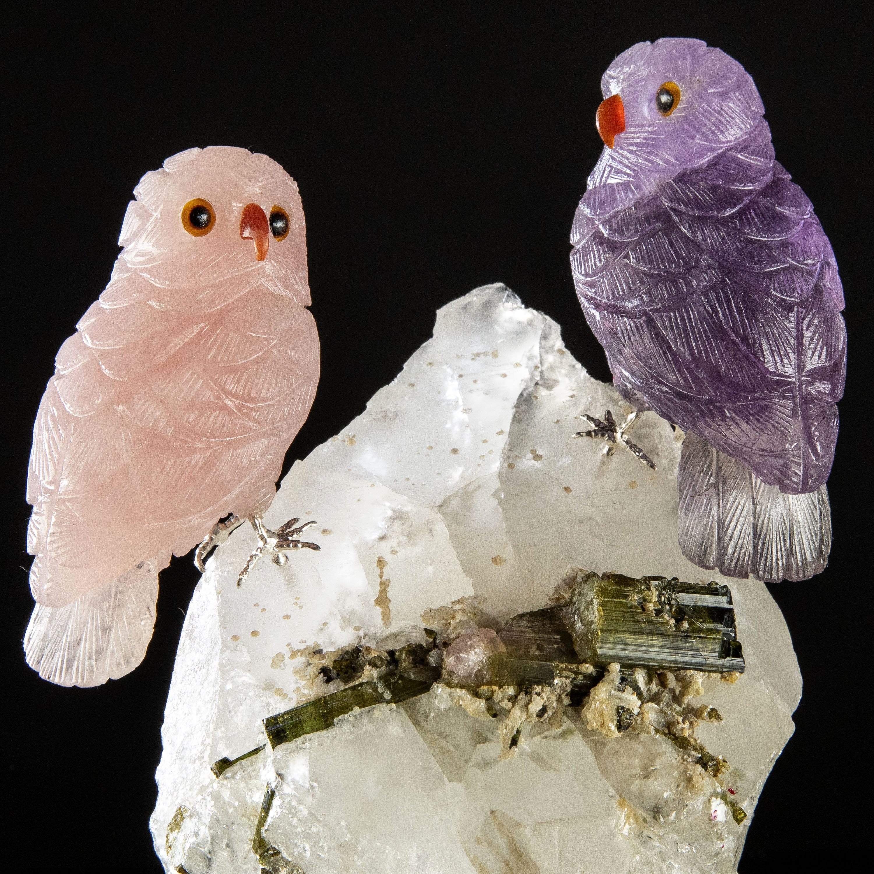 Kalifano Love Birds Carvings Rose Quartz & Amethyst Owl Couple Love Birds Carving on Quartz & Watermelon Tourmaline Base LB.A229.003