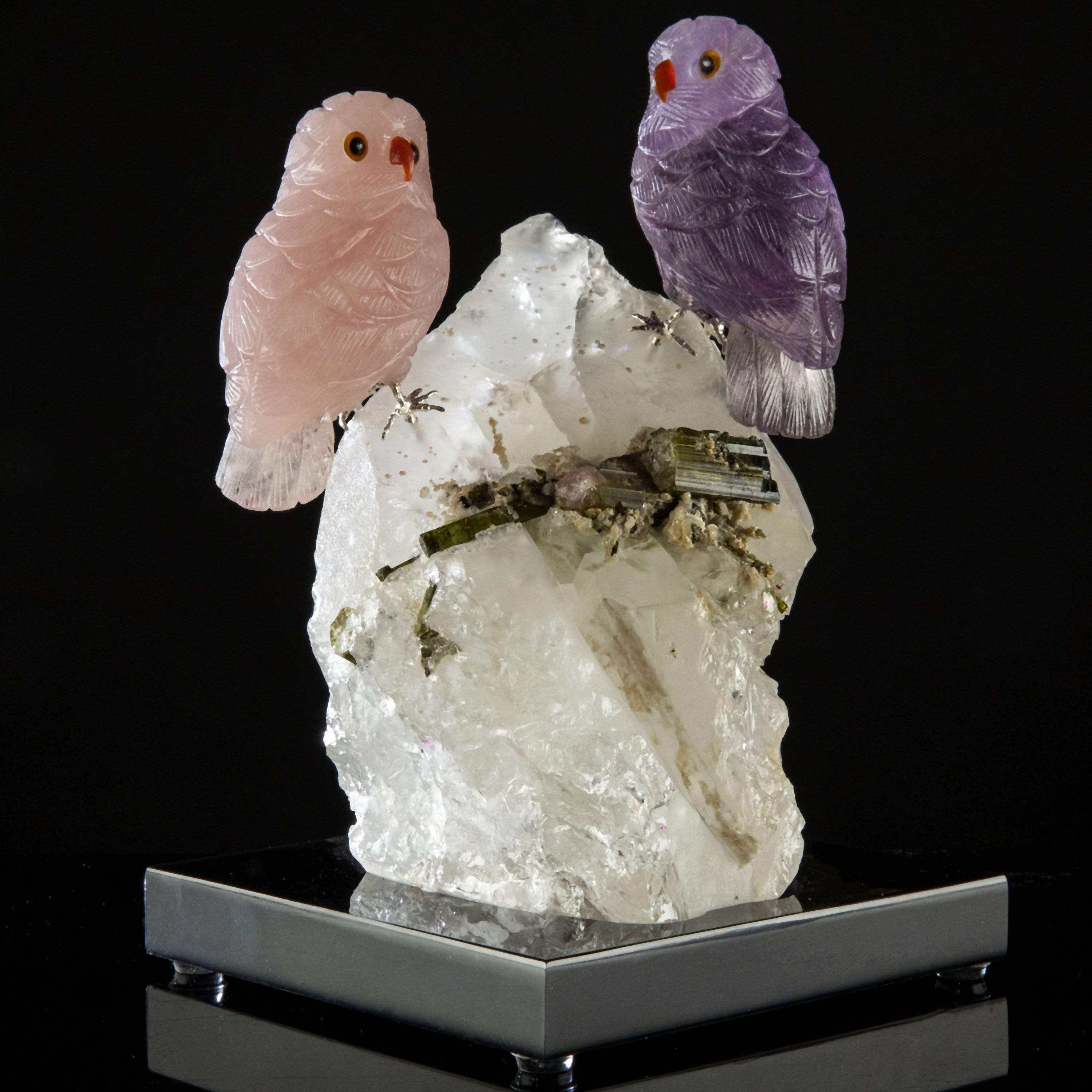 Kalifano Love Birds Carvings Rose Quartz & Amethyst Owl Couple Love Birds Carving on Quartz & Watermelon Tourmaline Base LB.A229.003