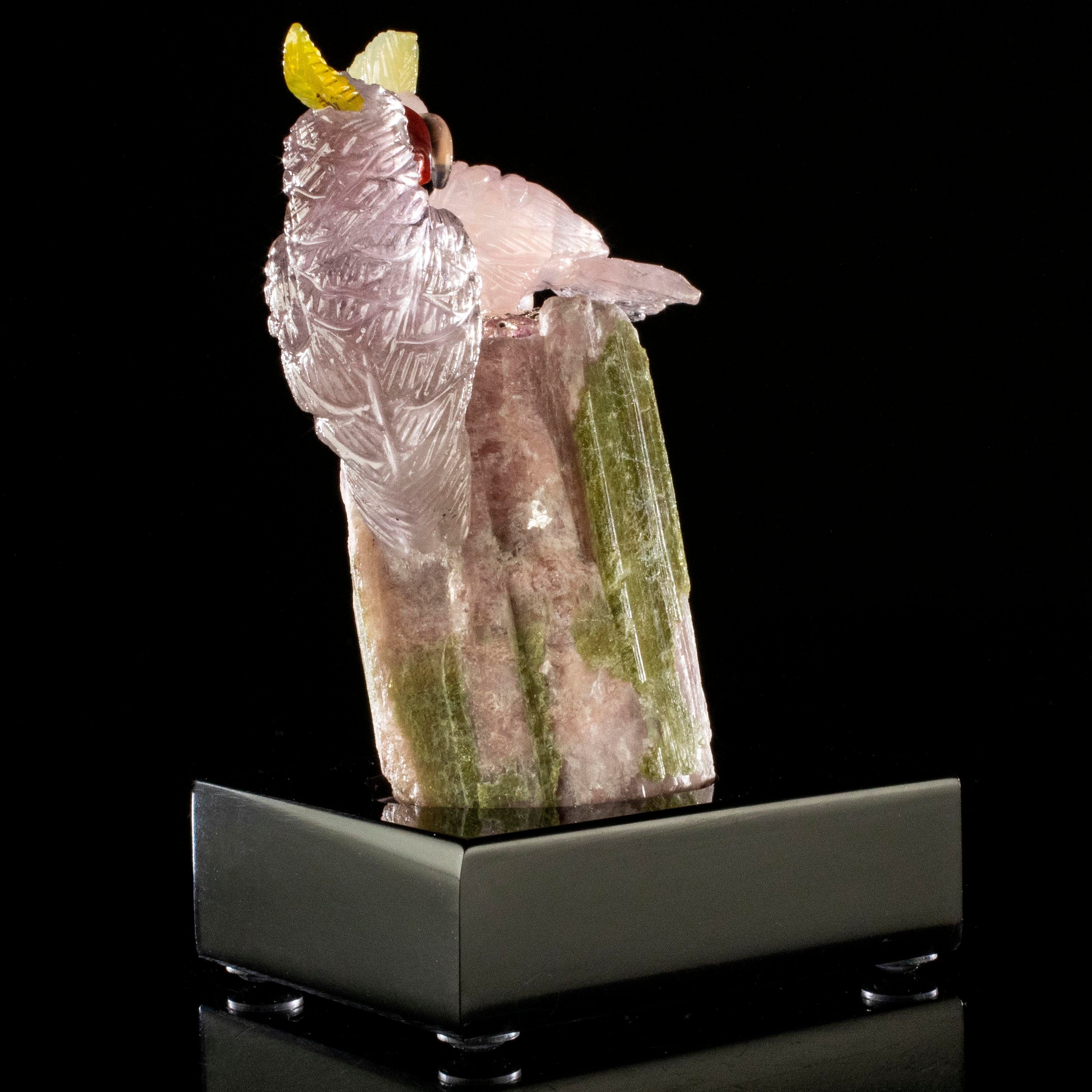 Kalifano Love Birds Carvings Rose Quartz and Amethyst Cockatoo Couple Love Birds Carving on Watermelon Tourmaline Base LB.C205.012