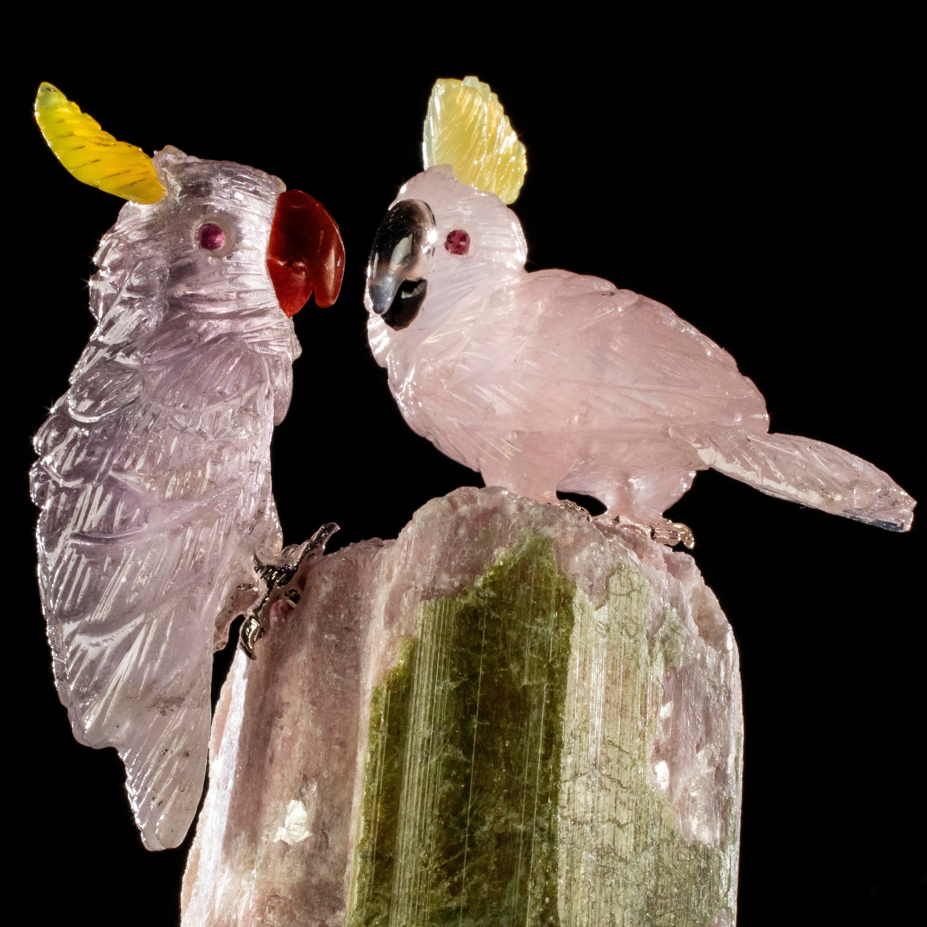 Kalifano Love Birds Carvings Rose Quartz and Amethyst Cockatoo Couple Love Birds Carving on Watermelon Tourmaline Base LB.C205.012