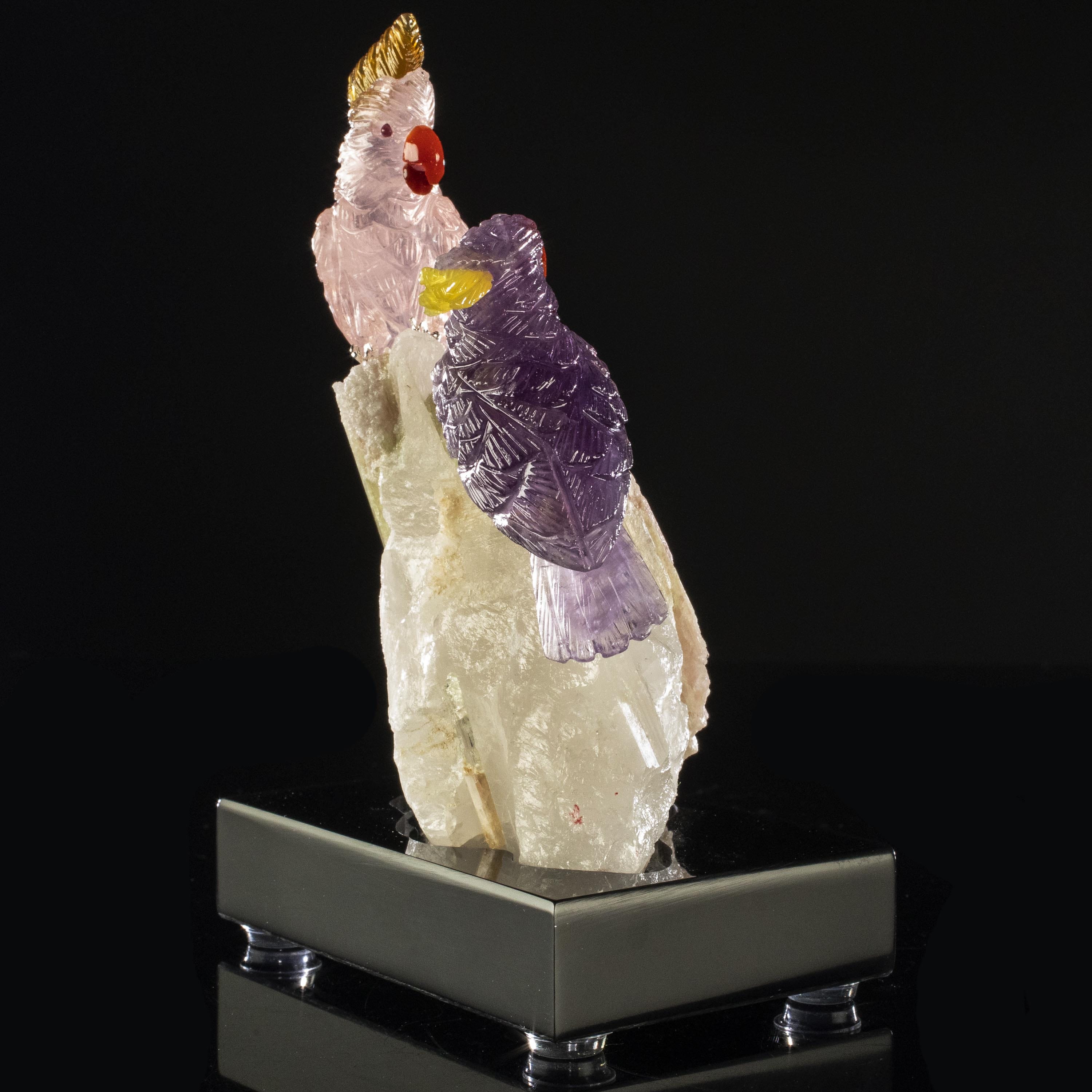 Kalifano Love Birds Carvings Rose Quartz and Amethyst Cockatoo Couple Love Birds Carving on Watermelon Tourmaline Base LB.C405.009