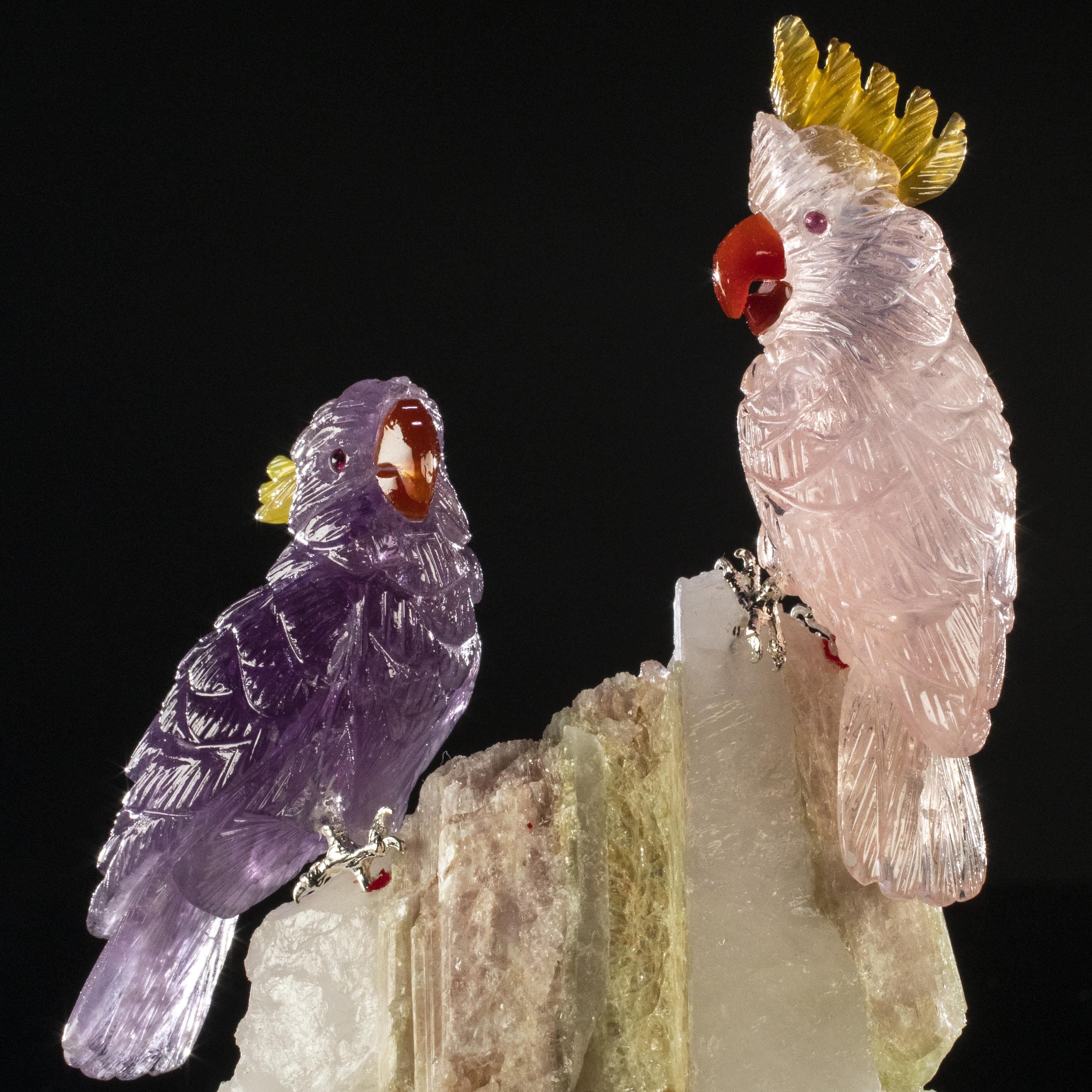 Kalifano Love Birds Carvings Rose Quartz and Amethyst Cockatoo Couple Love Birds Carving on Watermelon Tourmaline Base LB.C405.009