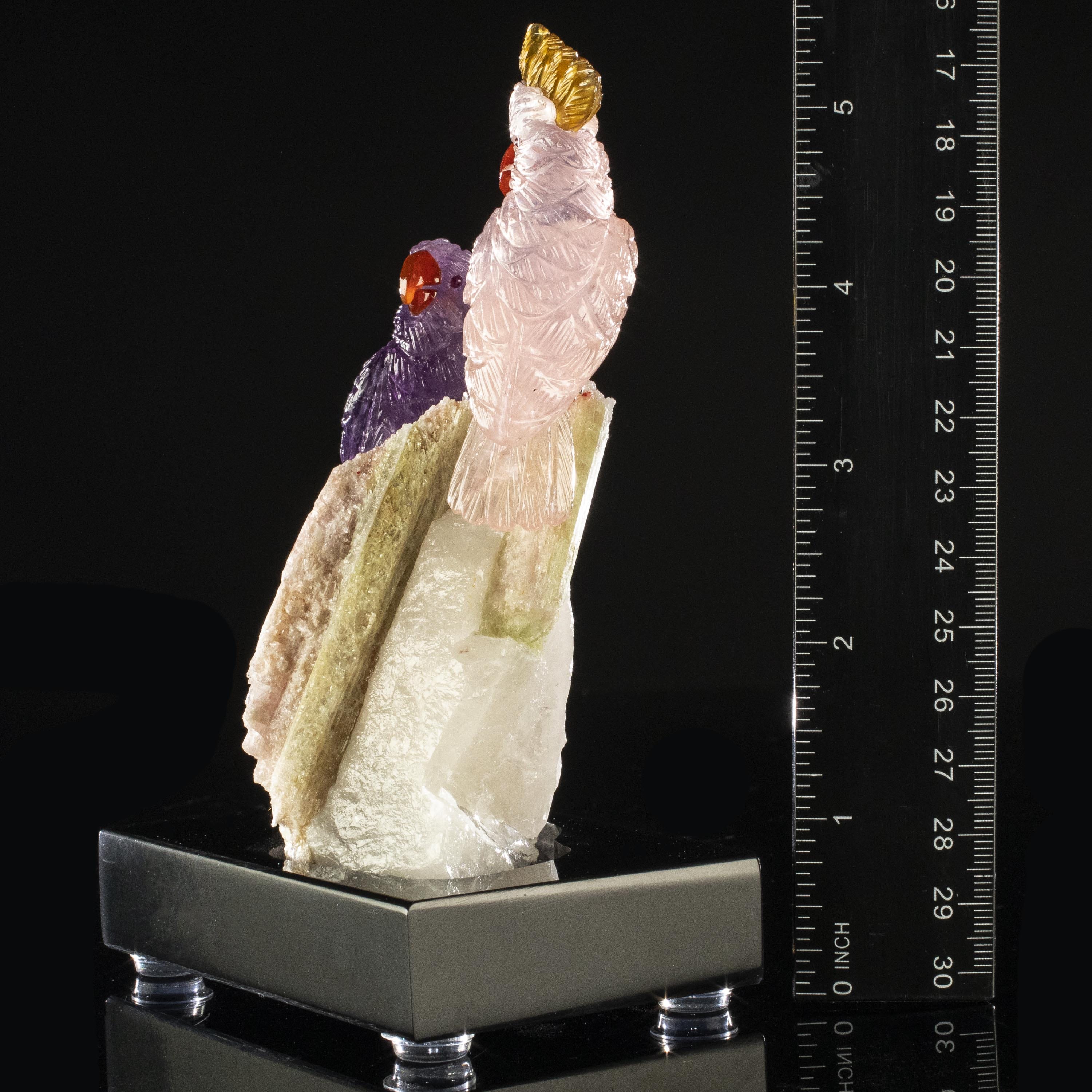 Kalifano Love Birds Carvings Rose Quartz and Amethyst Cockatoo Couple Love Birds Carving on Watermelon Tourmaline Base LB.C405.009