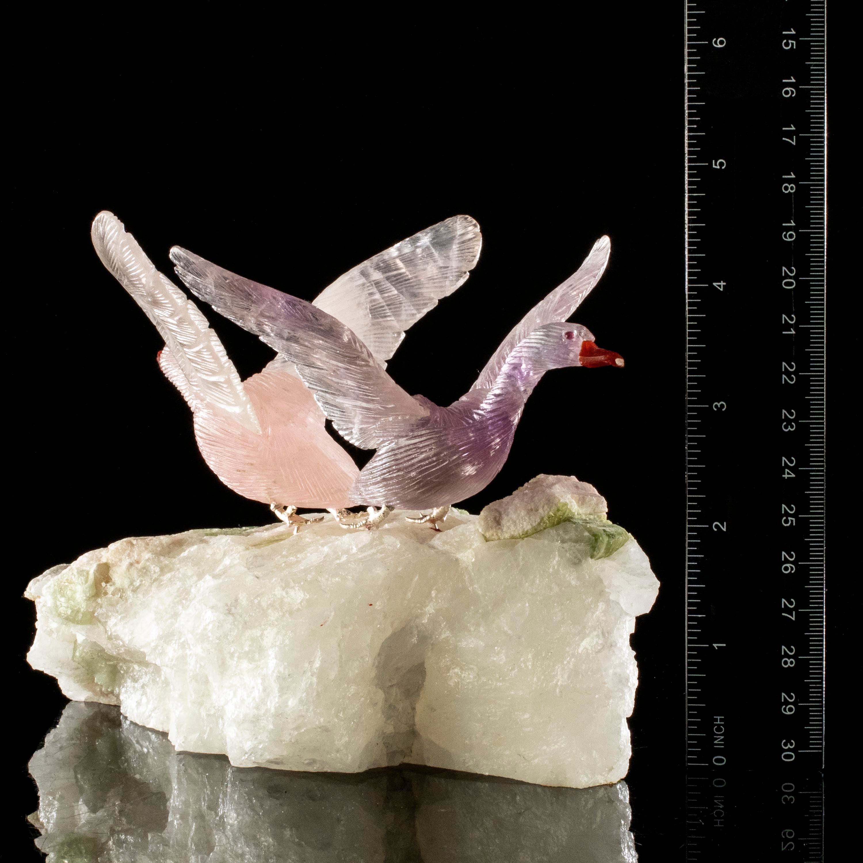 Kalifano Love Birds Carvings Rose Quartz and Amethyst Goose Couple Love Birds Carving on Watermelon Tourmaline Base LB.A238.006