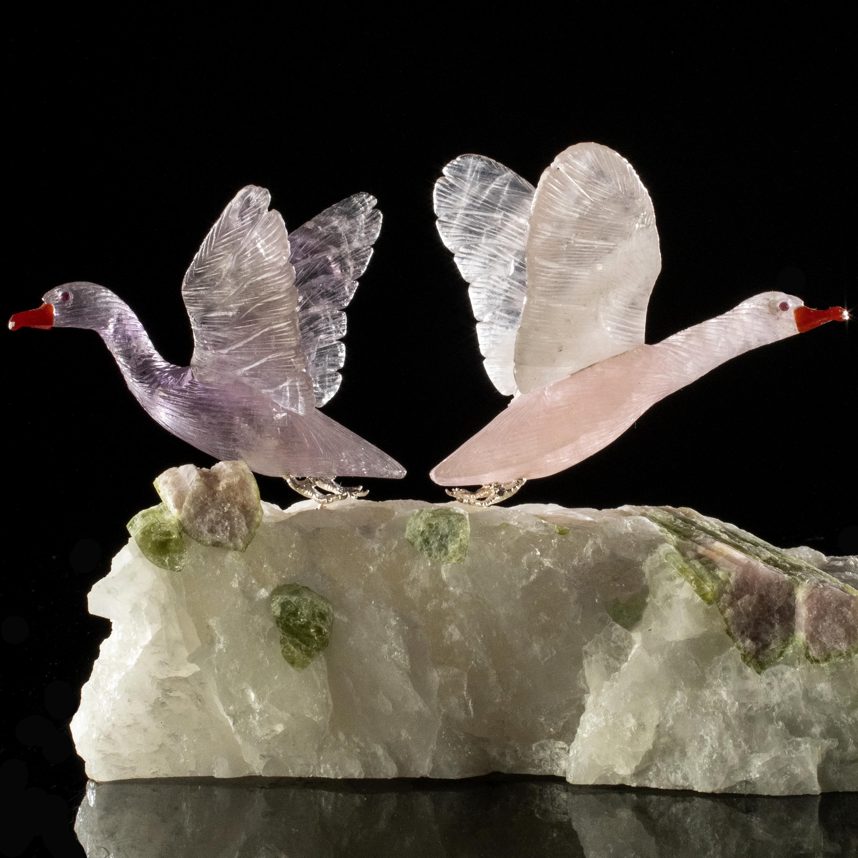 Kalifano Love Birds Carvings Rose Quartz and Amethyst Goose Couple Love Birds Carving on Watermelon Tourmaline Base LB.A238.006