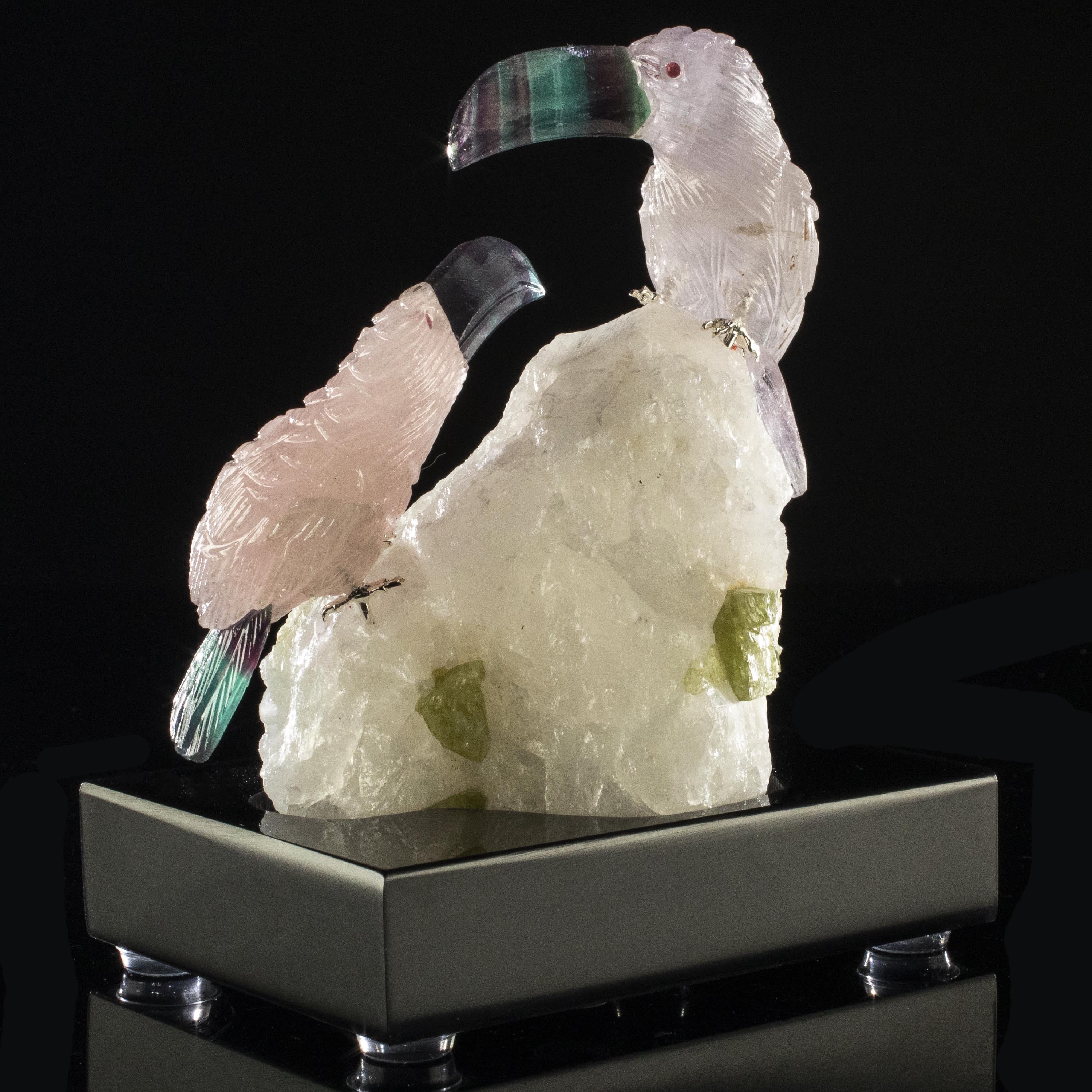 Kalifano Love Birds Carvings Rose Quartz and Amethyst Toucan Couple Love Birds Carving on Tourmaline Base LB.C222.007