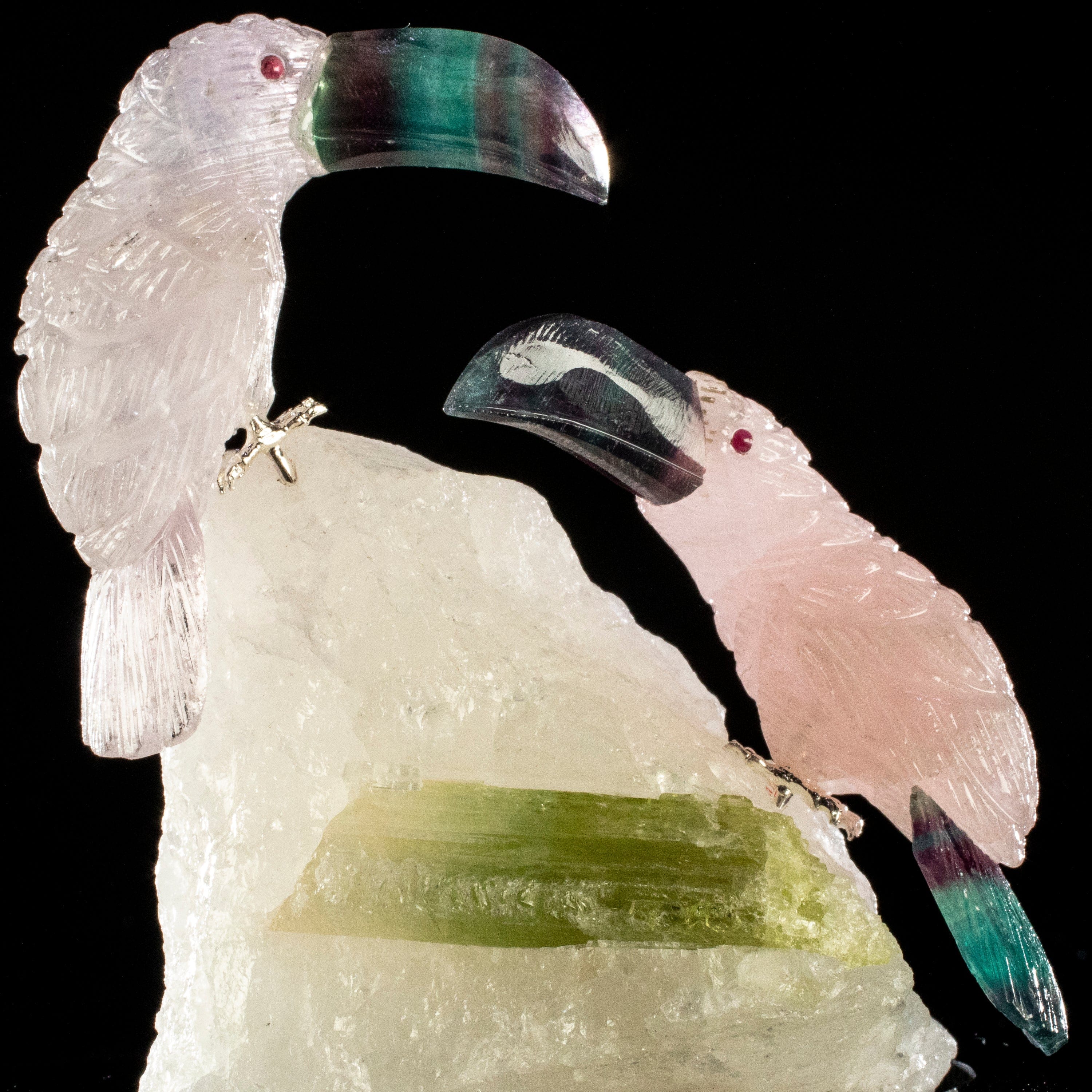 Kalifano Love Birds Carvings Rose Quartz and Amethyst Toucan Couple Love Birds Carving on Tourmaline Base LB.C222.007