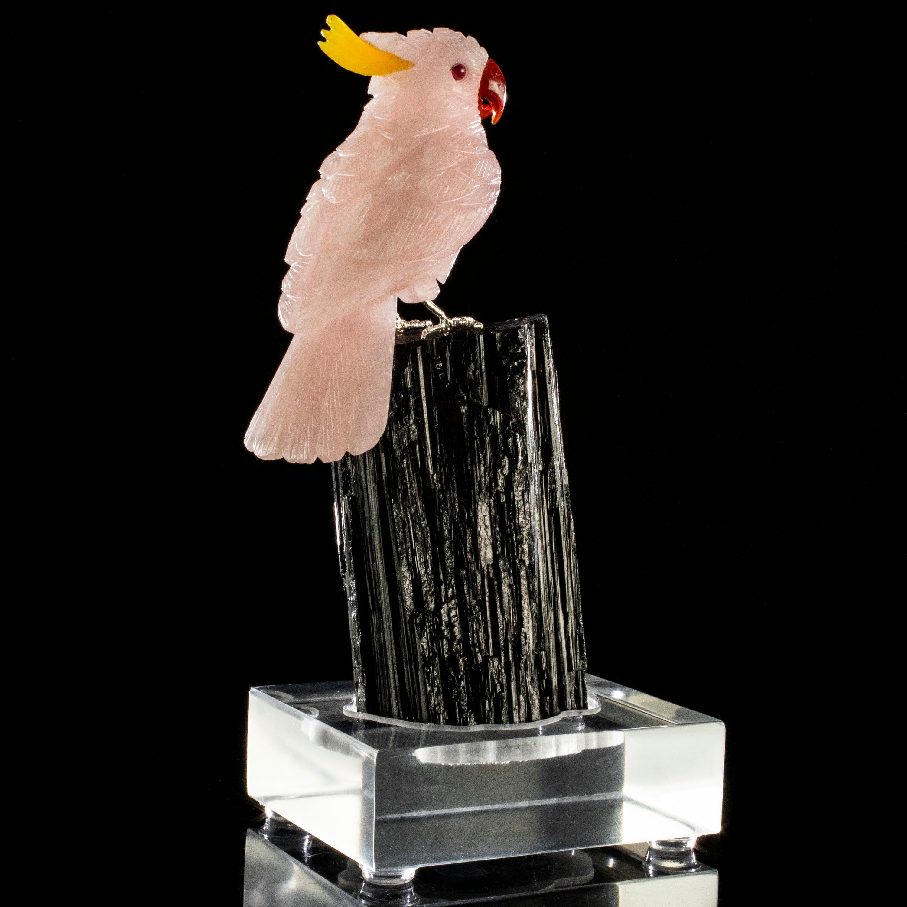 Kalifano Love Birds Carvings Rose Quartz Cockatoo Love Birds Carving on Black Tourmaline Base LB.B134.008