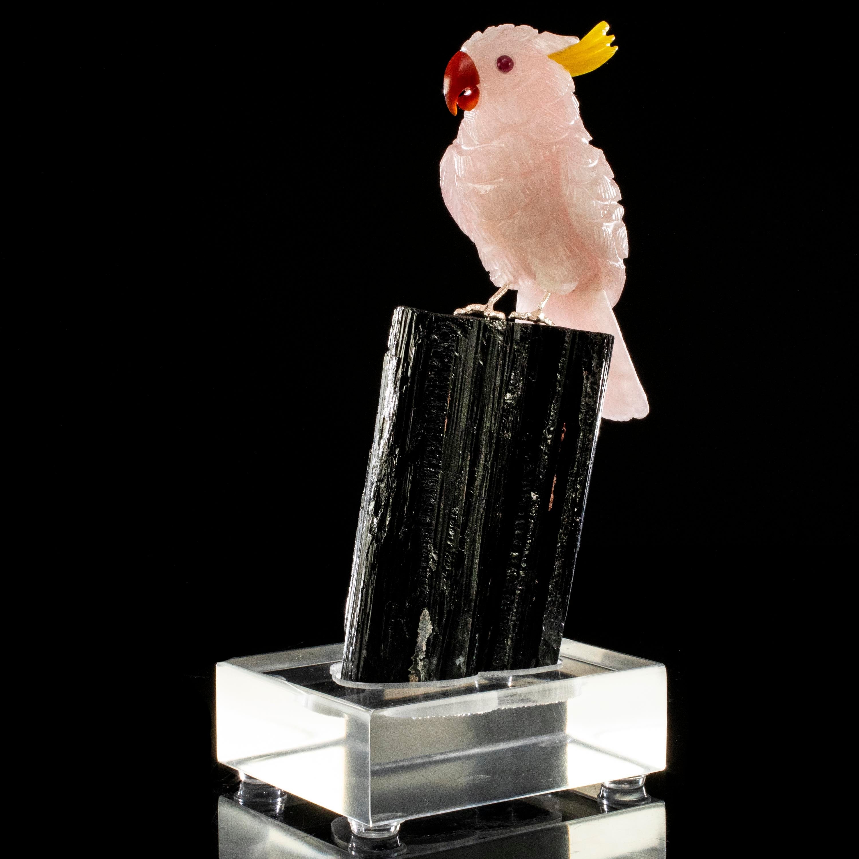 Kalifano Love Birds Carvings Rose Quartz Cockatoo Love Birds Carving on Black Tourmaline Base LB.B134.008