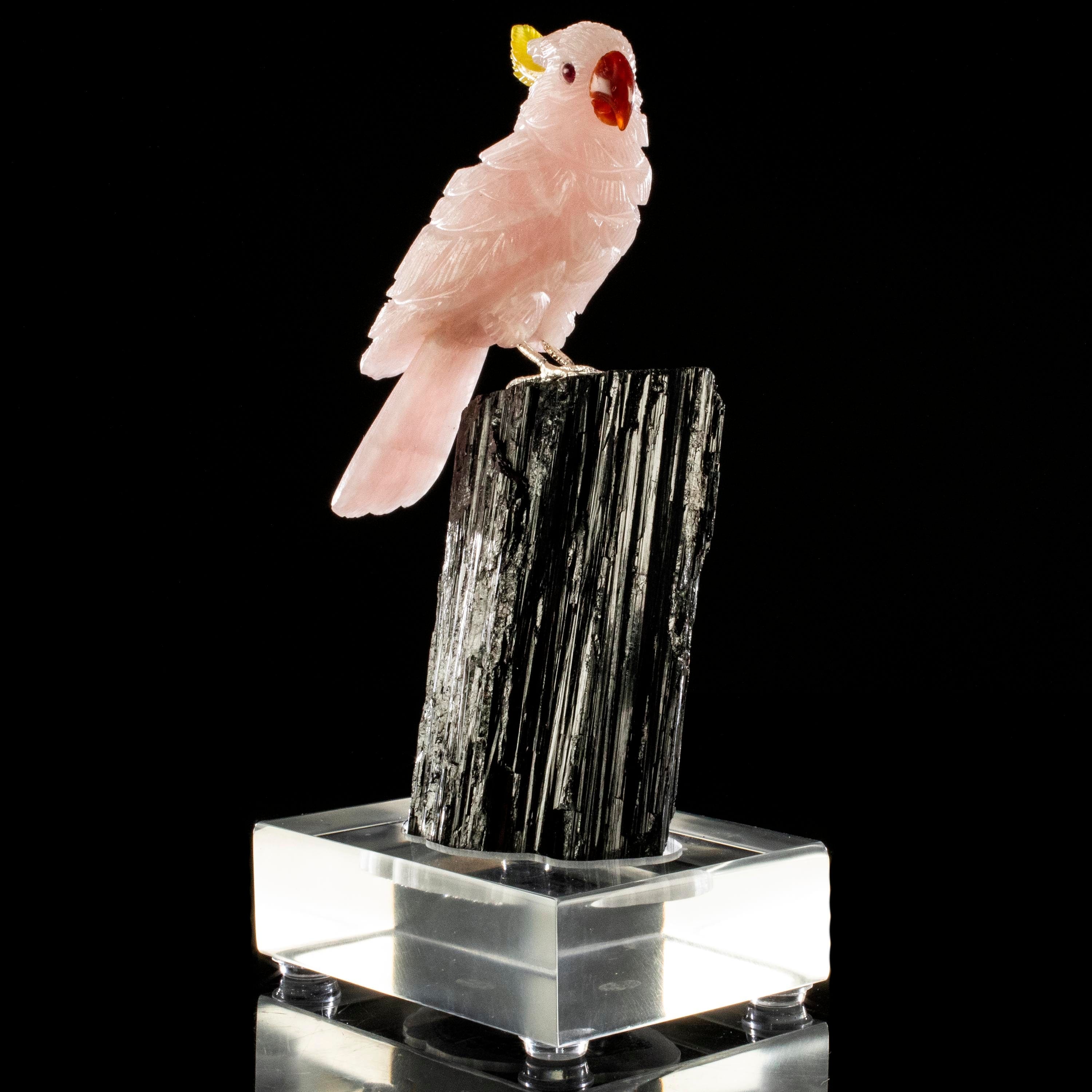 Kalifano Love Birds Carvings Rose Quartz Cockatoo Love Birds Carving on Black Tourmaline Base LB.B134.008