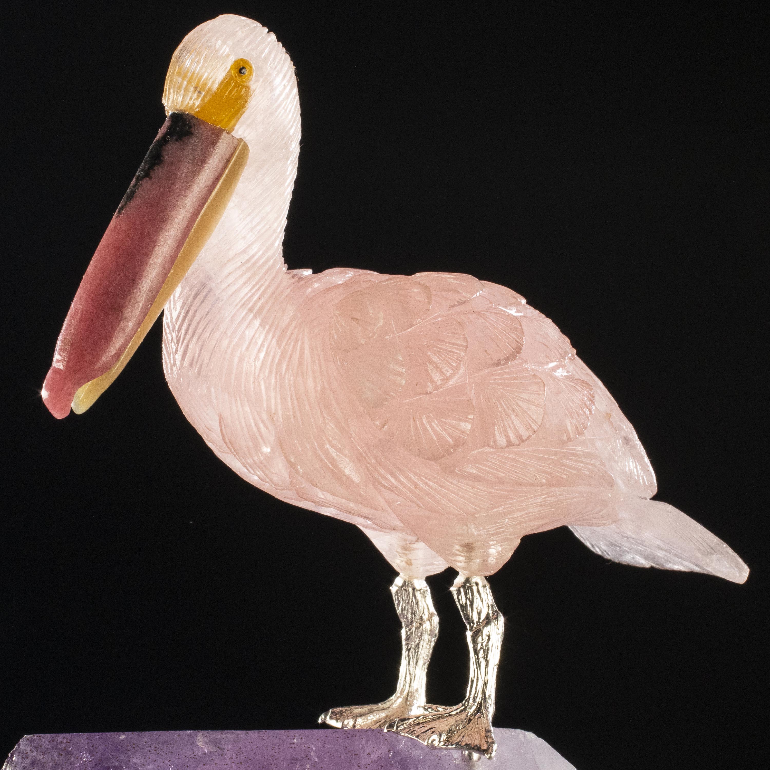 Kalifano Love Birds Carvings Rose Quartz Pelican Love Birds Carving on Amethyst Point Base LB.A107.005