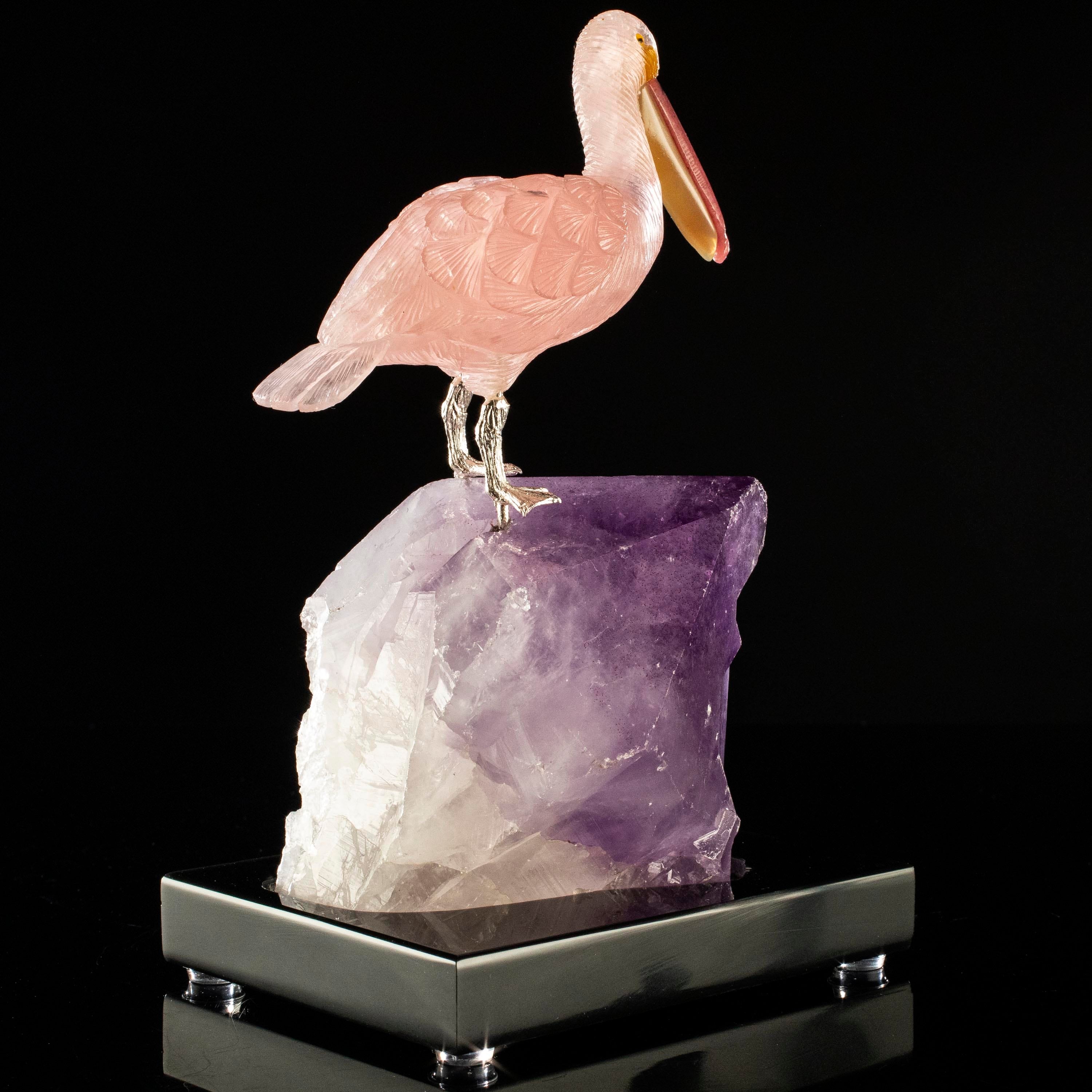 Kalifano Love Birds Carvings Rose Quartz Pelican Love Birds Carving on Amethyst Point Base LB.A107.005