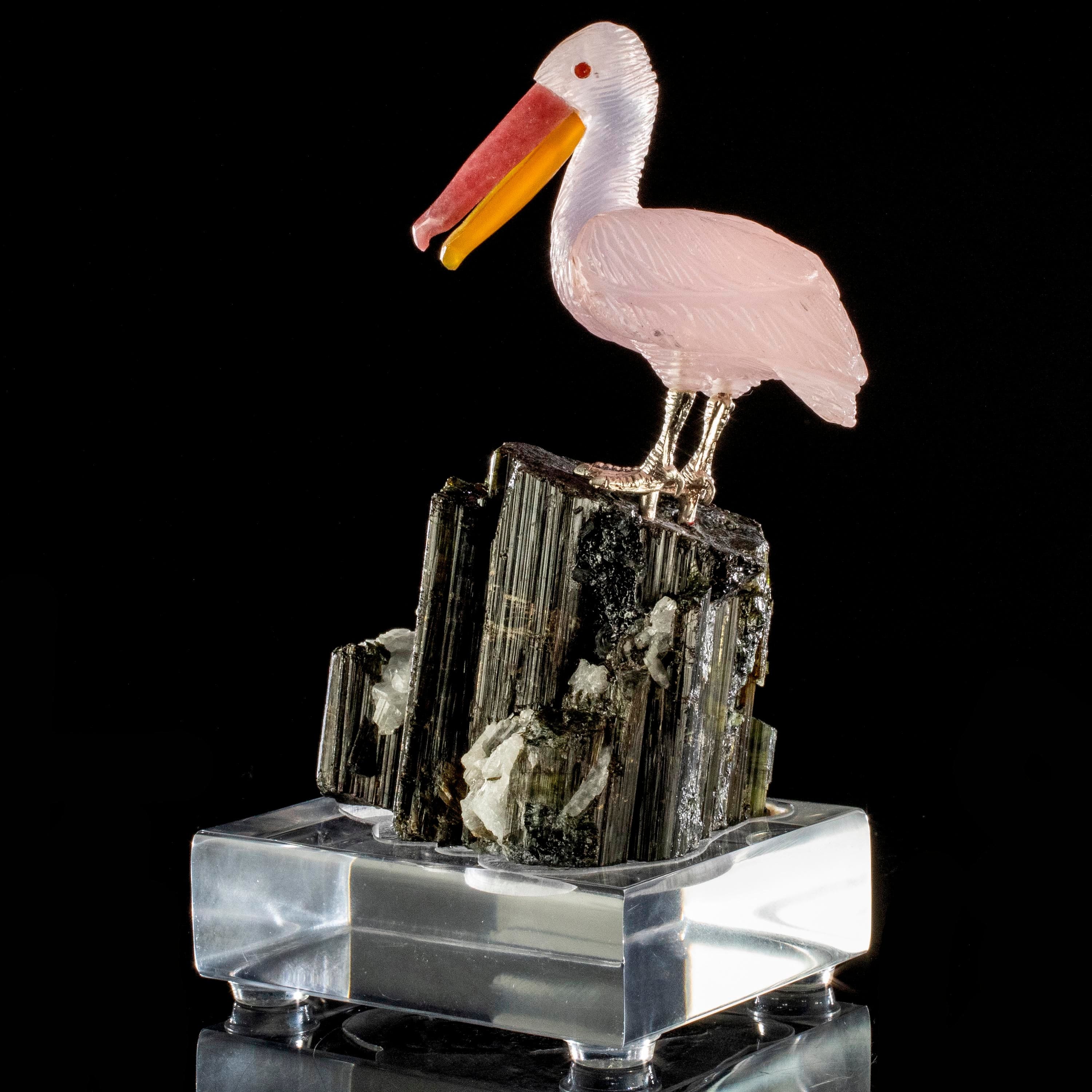 Kalifano Love Birds Carvings Rose Quartz Pelican Love Birds Carving on Black Tourmaline Base LB.A126.001