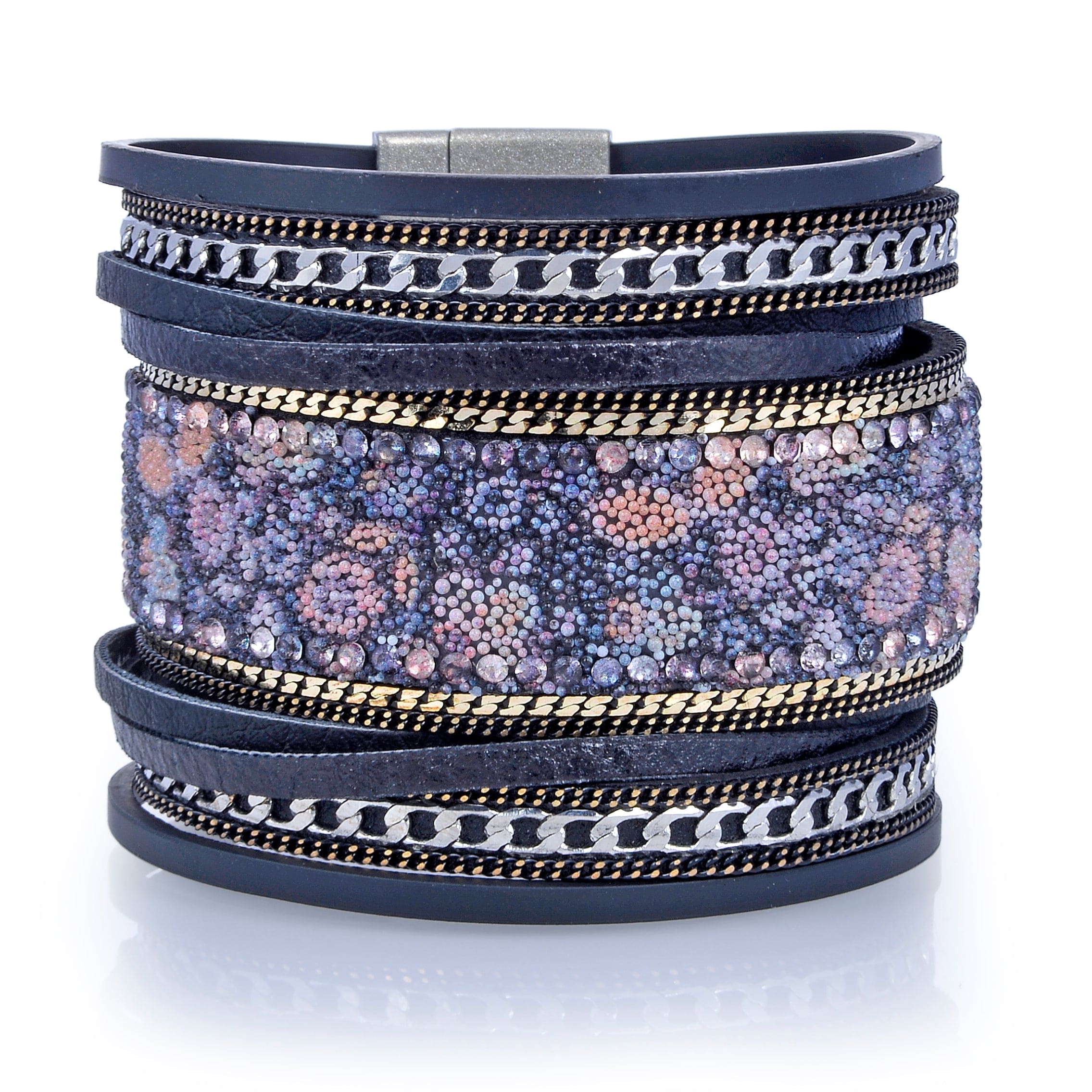 Kalifano Multiwrap Bracelets Multiple Layer Fine Bead Leather Strand Bracelet Black With Magnetic Clasp BMW-11-BK