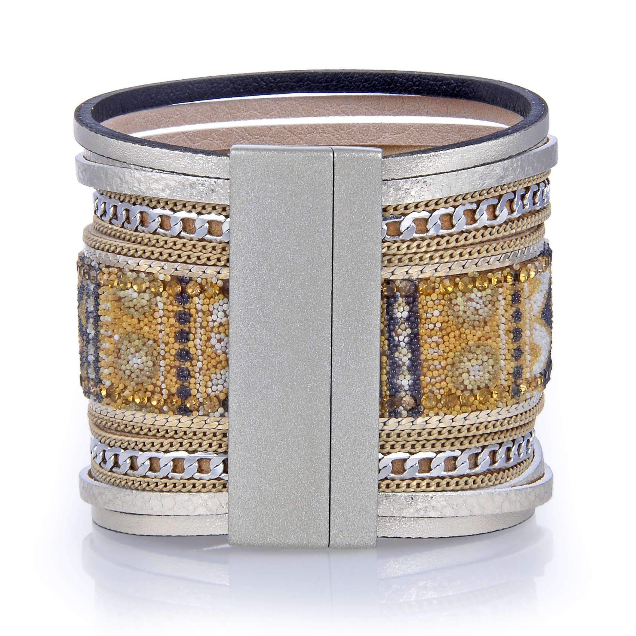 Kalifano Multiwrap Bracelets Multiple Layer Fine Bead Leather Strand Bracelet Gold With Magnetic Clasp BMW-11-GD