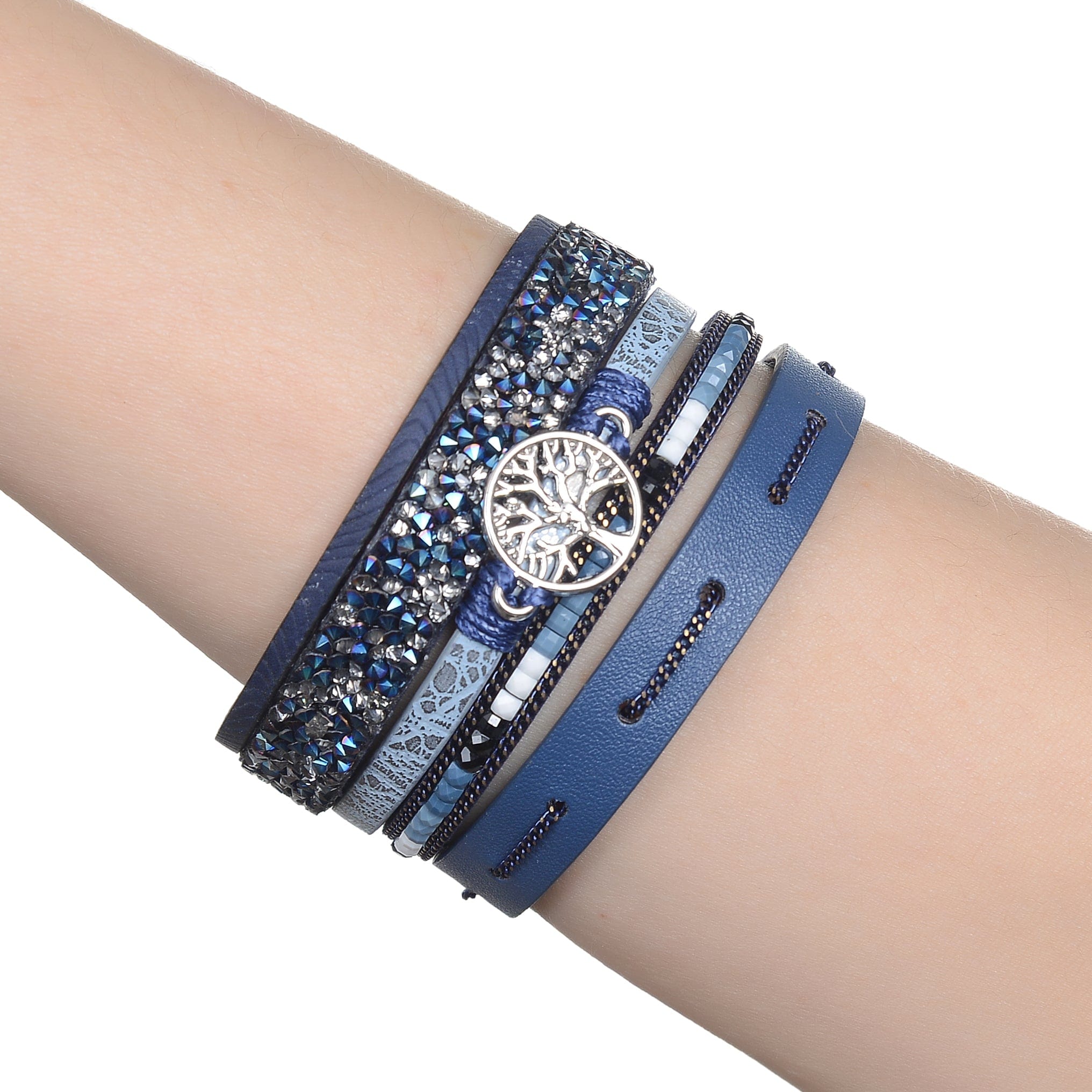 Kalifano Multiwrap Bracelets Multiple Layer Mosaic Crystal Leather Strand Bracelet Navy Blue With Magnetic Clasp BMW-08-NY