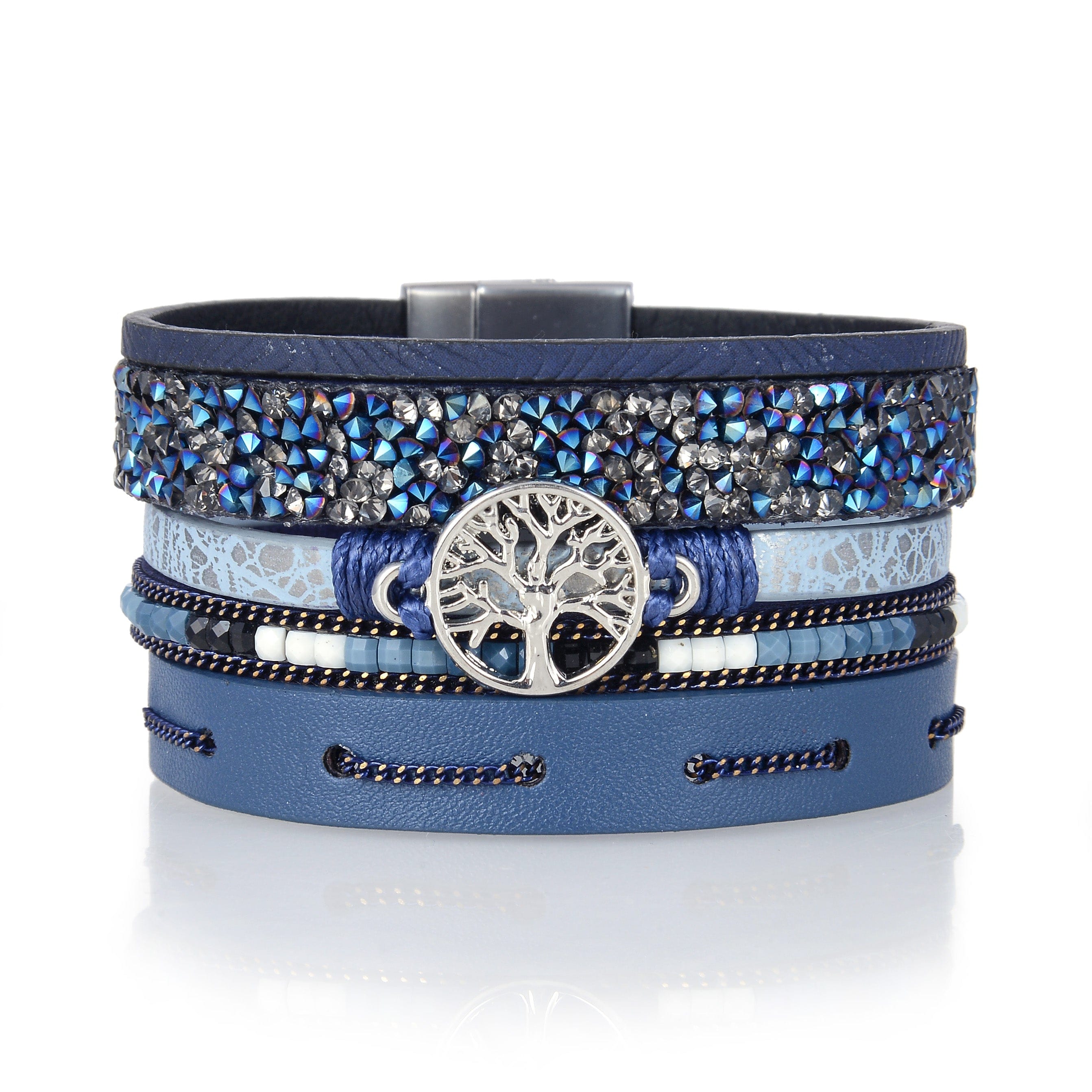 Kalifano Multiwrap Bracelets Multiple Layer Mosaic Crystal Leather Strand Bracelet Navy Blue With Magnetic Clasp BMW-08-NY