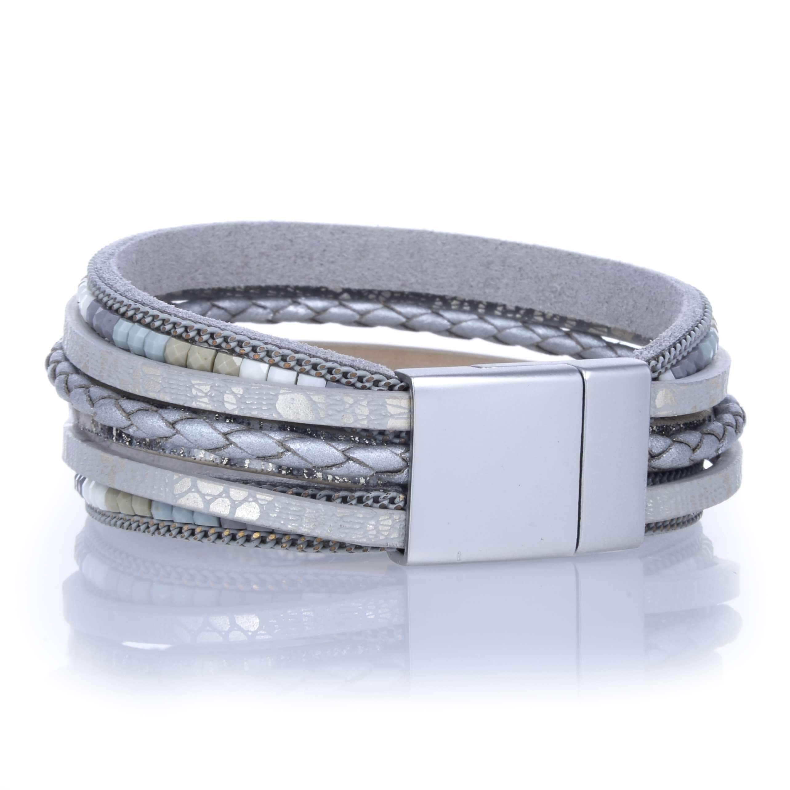 Kalifano Multiwrap Bracelets Multiple Layer Strand Bracelet Woven Leather Gray/Green With Magnetic Clasp BMW-13-GY2