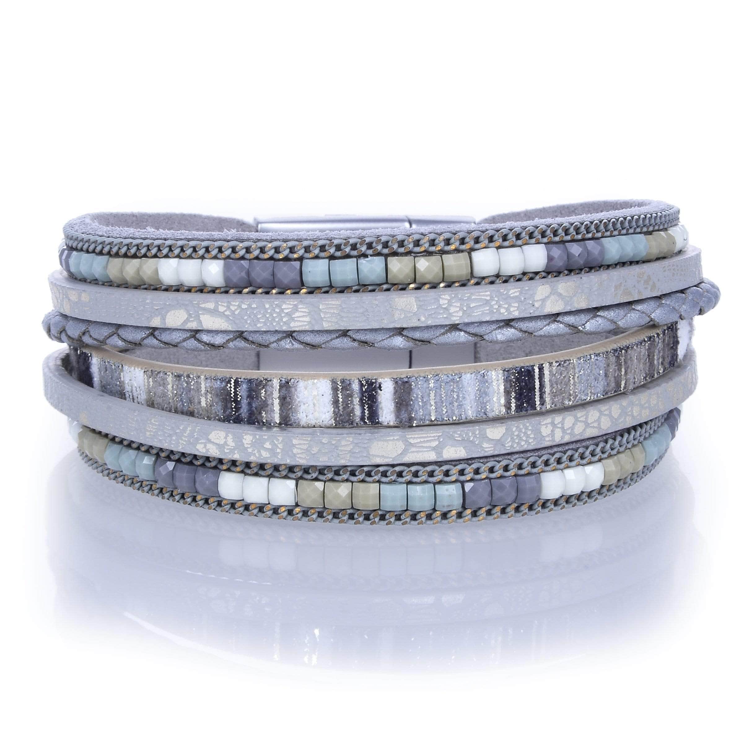 Kalifano Multiwrap Bracelets Multiple Layer Strand Bracelet Woven Leather Gray/Green With Magnetic Clasp BMW-13-GY2