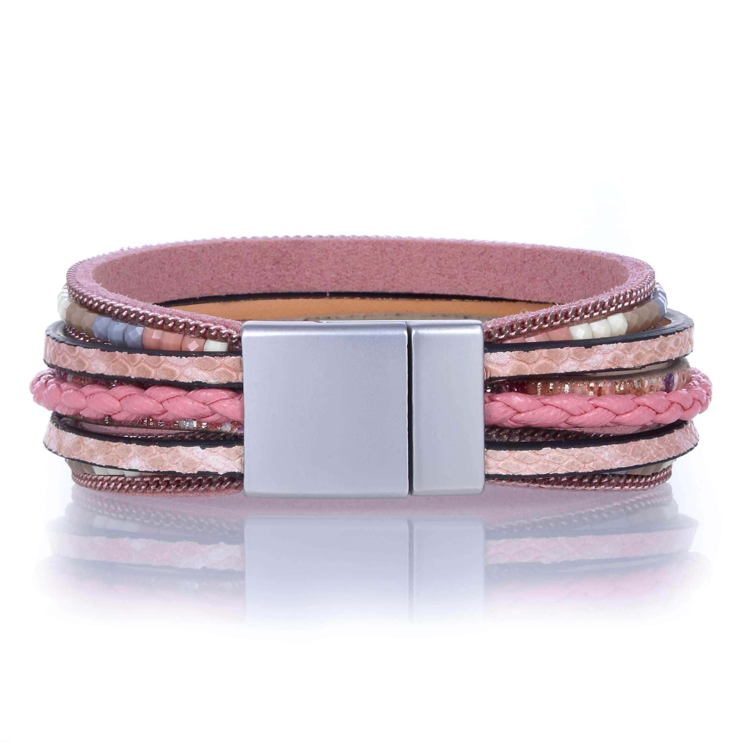 Kalifano Multiwrap Bracelets Multiple Layer Strand Bracelet Woven Leather Pink With Magnetic Clasp BMW-13-PK