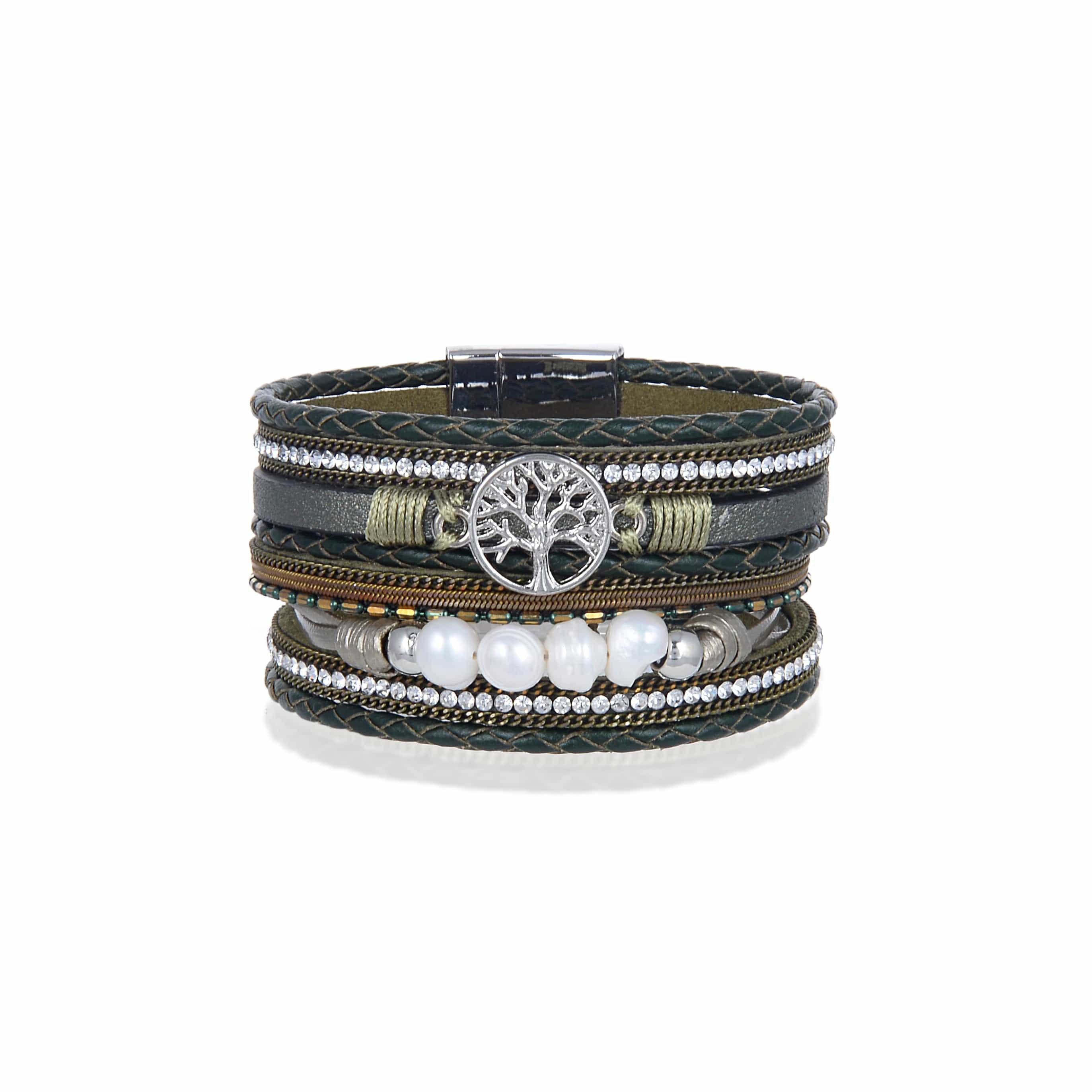 Kalifano Multiwrap Bracelets Multiple Strand Bracelet Tree of Life Green With Magnetic Clasp BMW-27-GN