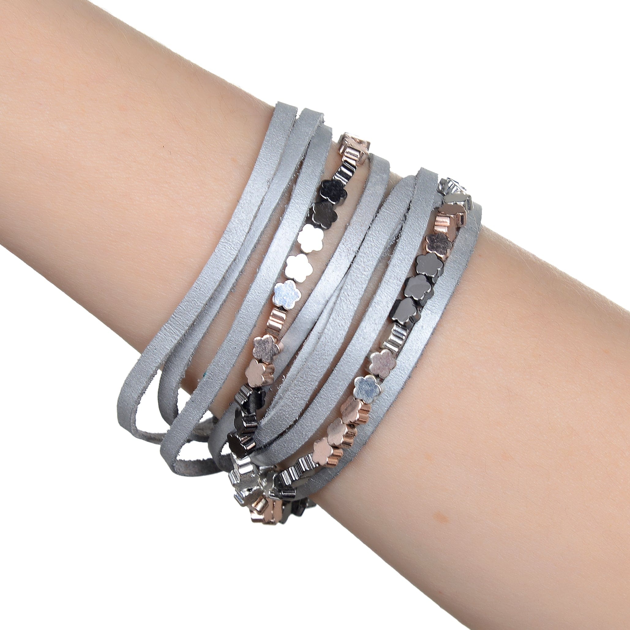 Kalifano Multiwrap Bracelets Multiple Strand Bracelet with Gray Leather and Magnetic Clasp BMW-33-GY