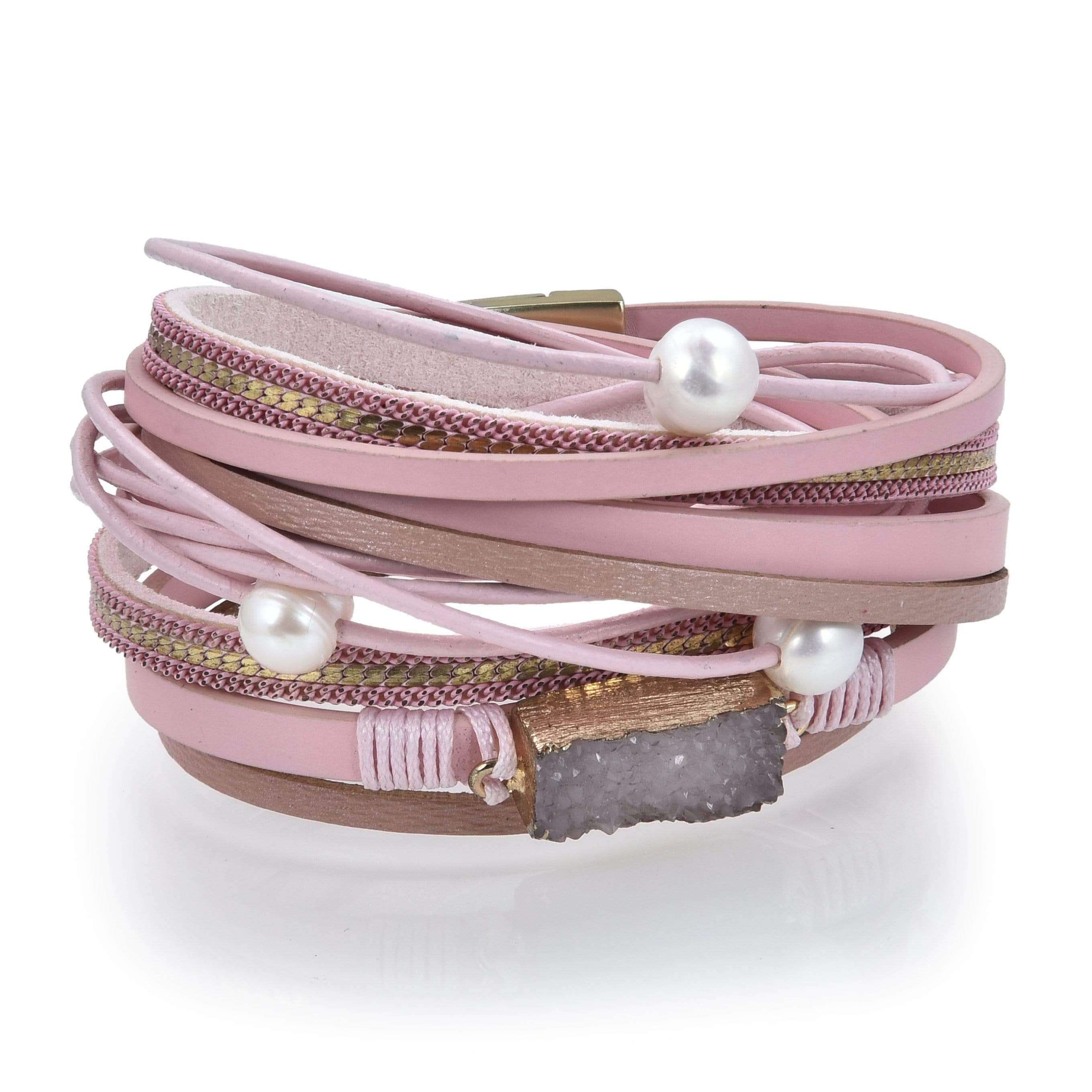 Kalifano Multiwrap Bracelets Multiple Strand Geode Pink Bracelet with Magnetic Clasp BMW-24-PK