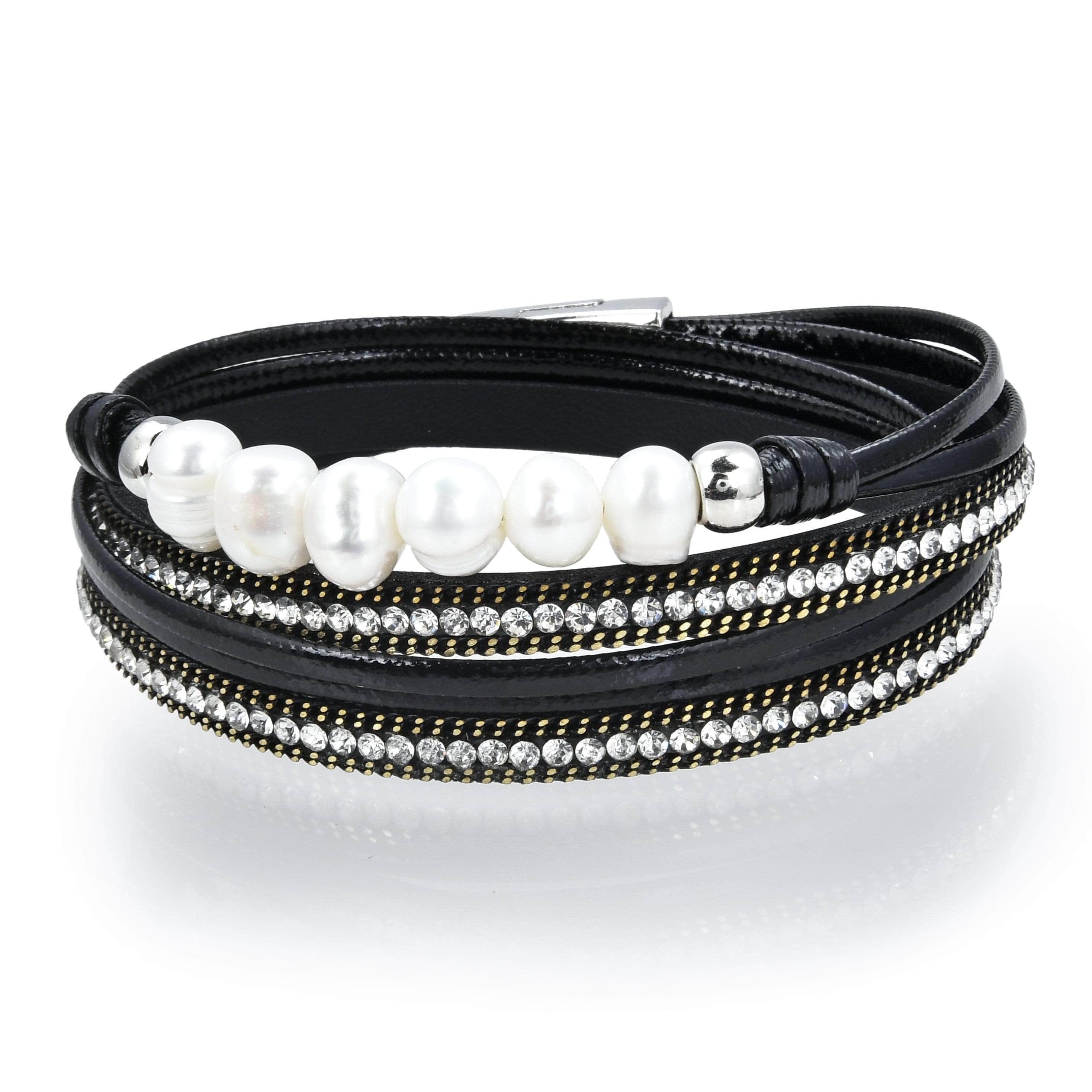 Kalifano Multiwrap Bracelets Multiple Strand Pearl and Diamonds Black Bracelet with Magnetic Clasp BMW-20-BK